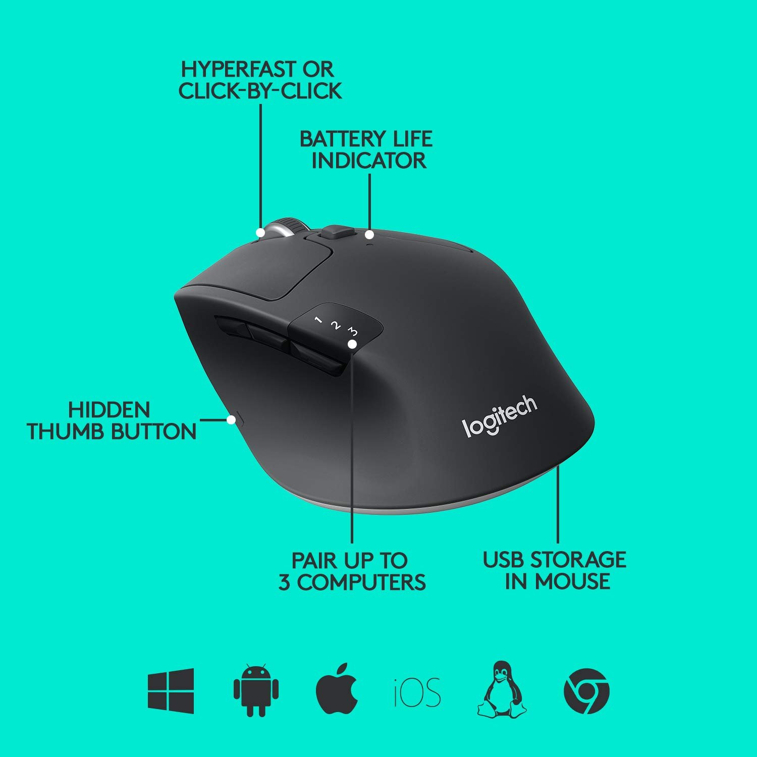 Logitech M720 Triathlon Multi-Device Wireless Mouse, Bluetooth, USB Unifying Receiver, 1000 DPI, 6 Programmable Buttons, 2-Year Battery, Compatible with Laptop, PC, Mac, iPadOS - Graphite Black - Image 4