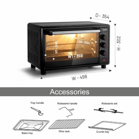 Glen Multi-Function OTG for Kitchen 25 Litre, 1700W, Oven Toaster Griller with 6 Heating Modes, Rotisserie, Convection Fan, Temperature Control, Bake, Grill & Toast, Oven for Baking -Black (SA5025RC)
