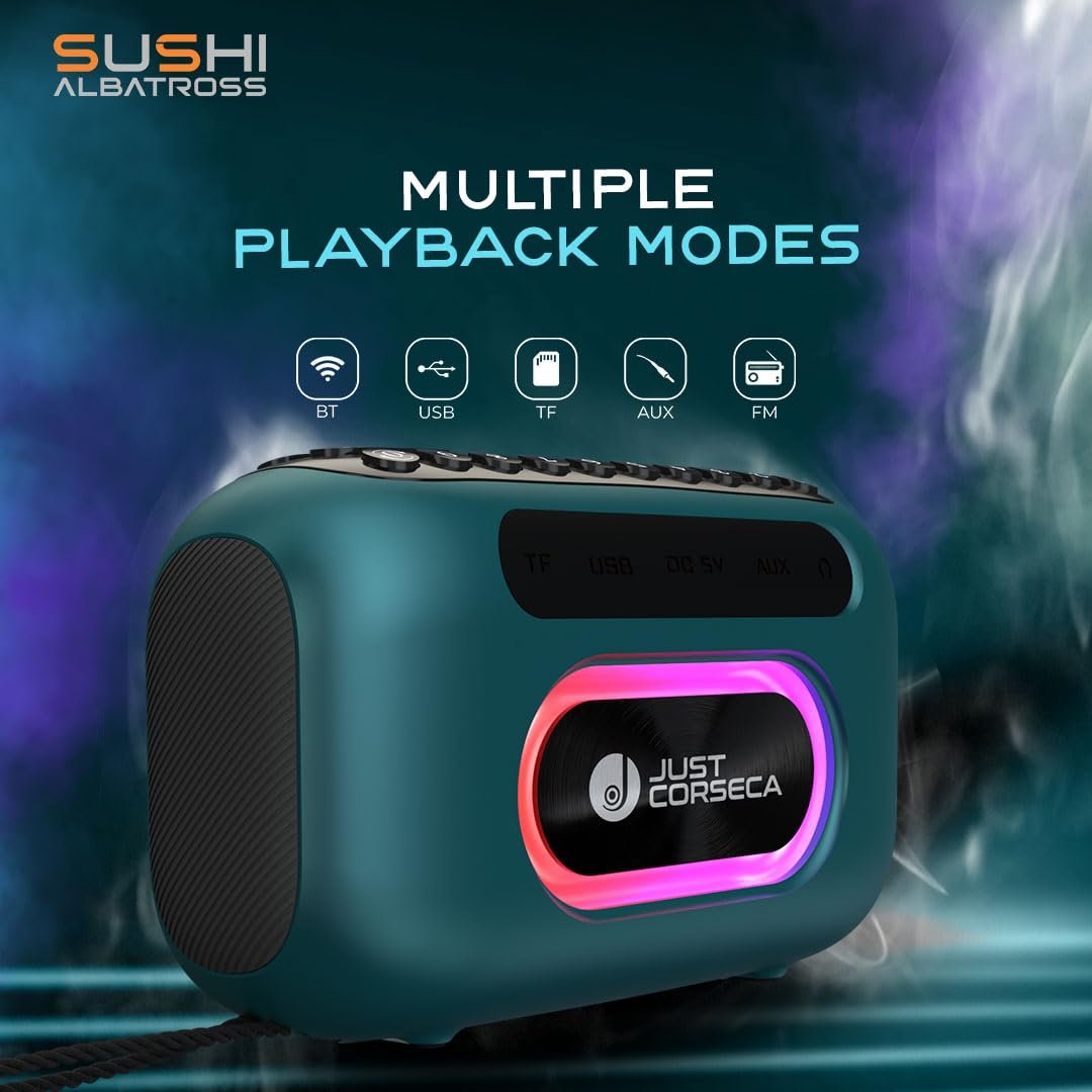 JC Sushi Albatross | Wireless Speaker | 20W | BT V5.0 | RGB Light |1800mAh Battery 25Hrs Playtime | Splash Proof | Sleek Design | Voice Recording | FM,USB & Micro SD | Type-C Fast Charge (Ocean Blue) - Image 4