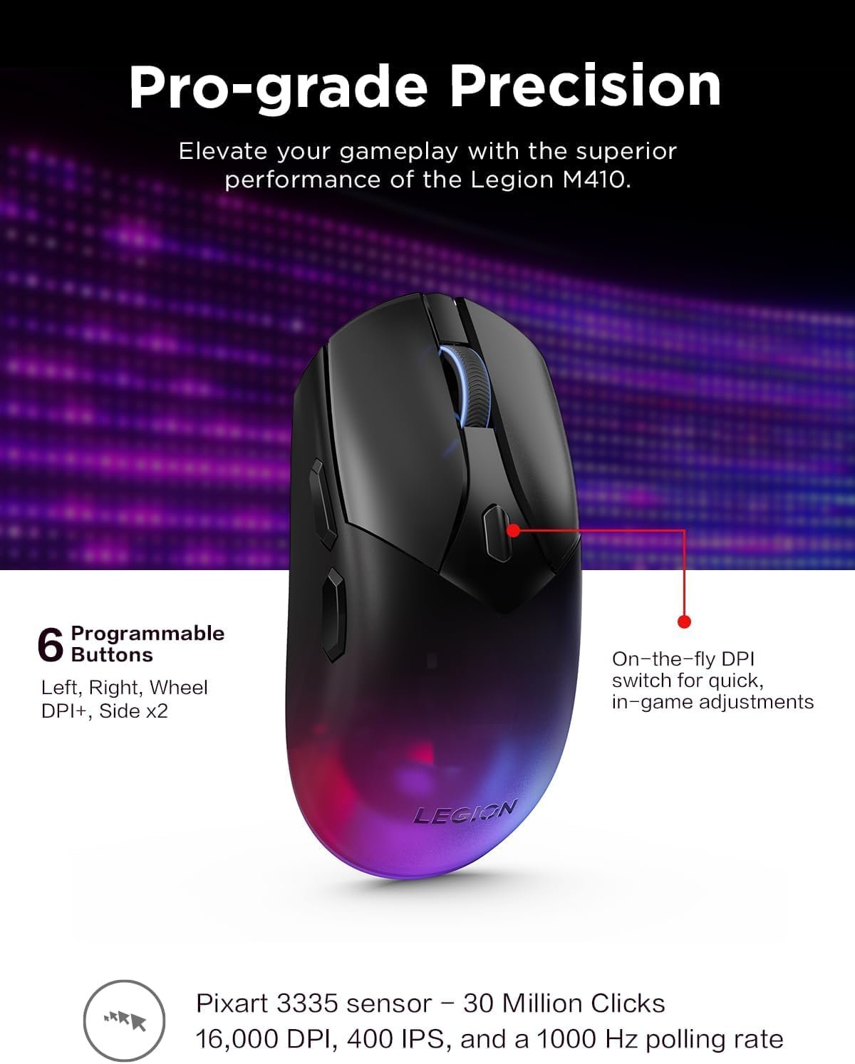 Lenovo Legion M410 Wireless RGB Gaming Mouse, Ambidextrous, 30 Million Clicks, 6 Programmable Buttons, Upto 16000 DPI with 4 Levels DPI Switch, 2-Zone Programmable RGB, 3Yr Warranty, Black, GY51P83012 - Image 8
