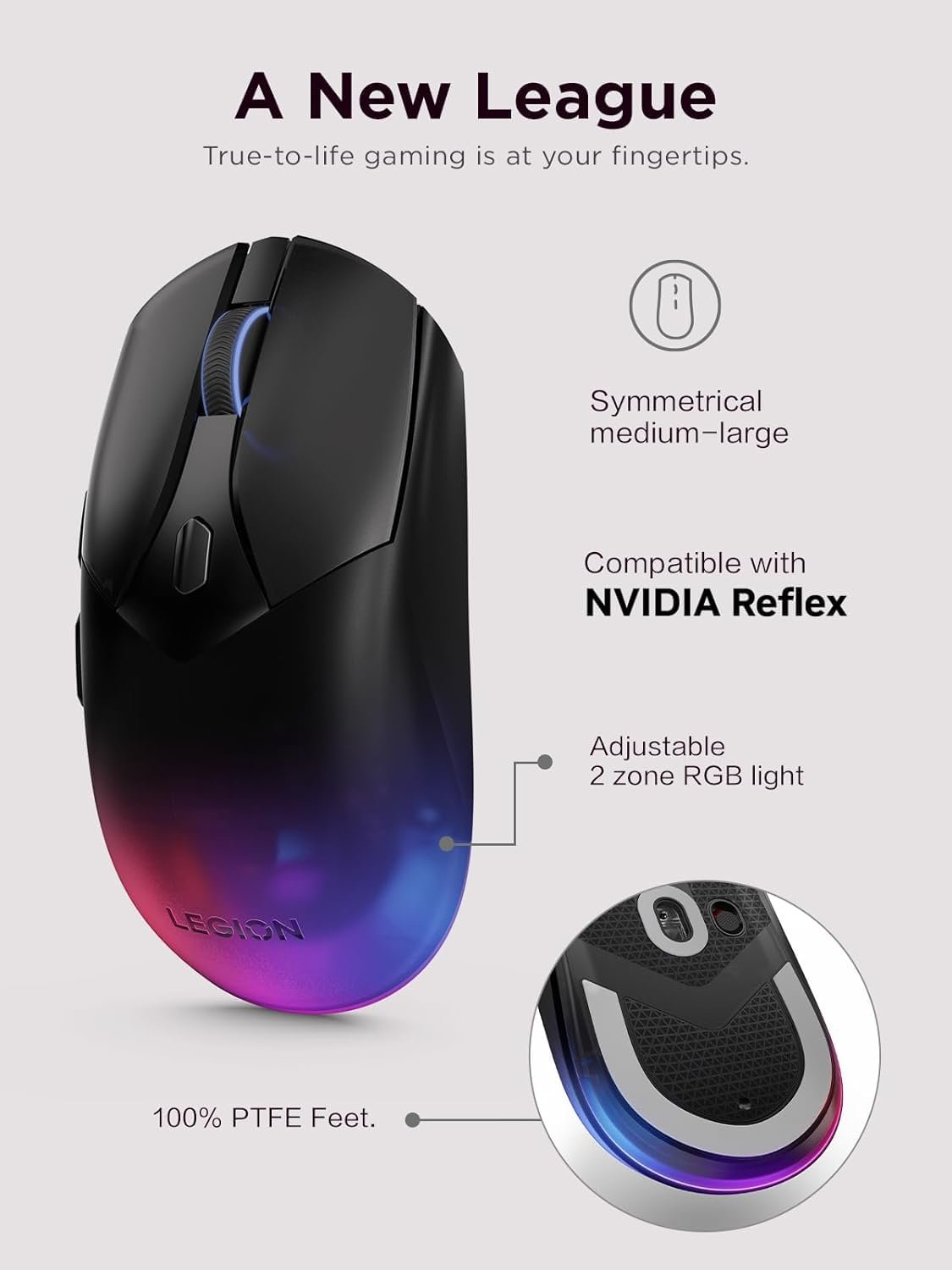 Lenovo Legion M410 Wireless RGB Gaming Mouse, Ambidextrous, 30 Million Clicks, 6 Programmable Buttons, Upto 16000 DPI with 4 Levels DPI Switch, 2-Zone Programmable RGB, 3Yr Warranty, Black, GY51P83012
