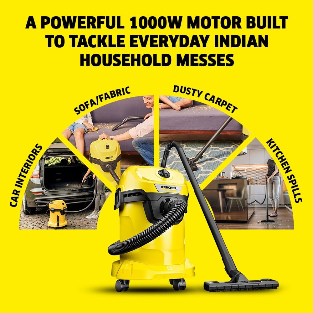 KARCHER Wd 3 V Wet & Dry Vacuum Cleaner, 23 kPa Suction Power, 17L Tank, 1000W Blower Function, Cartridge Filter & Fleece Filter Bag, for Home, Car & Furniture Cleaning, German Tech - Image 4