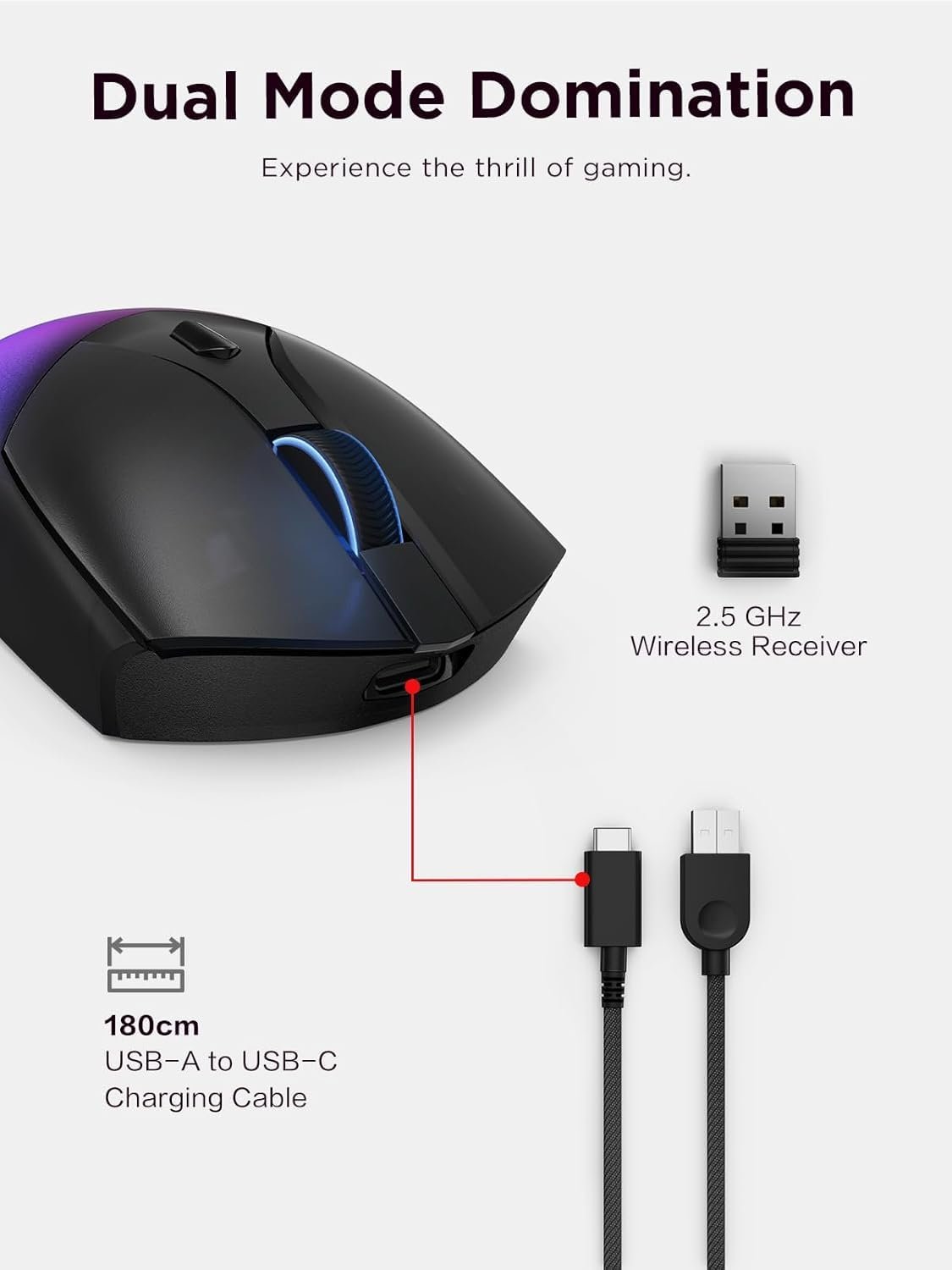 Lenovo Legion M410 Wireless RGB Gaming Mouse, Ambidextrous, 30 Million Clicks, 6 Programmable Buttons, Upto 16000 DPI with 4 Levels DPI Switch, 2-Zone Programmable RGB, 3Yr Warranty, Black, GY51P83012 - Image 9