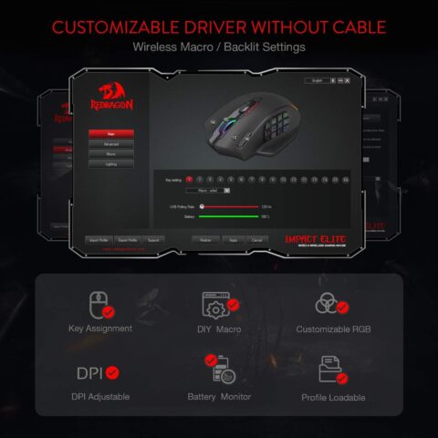 Redragon M913 Impact Elite Wireless Gaming Mouse, 16000 DPI Wired/Wireless RGB Gamer Mouse with 16 Programmable Buttons, 45 Hr Battery and Pro Optical Sensor, 12 Side Buttons MMO Mouse