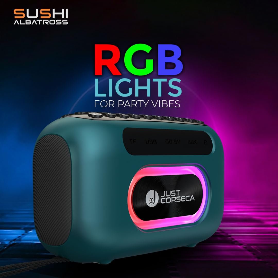 JC Sushi Albatross | Wireless Speaker | 20W | BT V5.0 | RGB Light |1800mAh Battery 25Hrs Playtime | Splash Proof | Sleek Design | Voice Recording | FM,USB & Micro SD | Type-C Fast Charge (Ocean Blue)