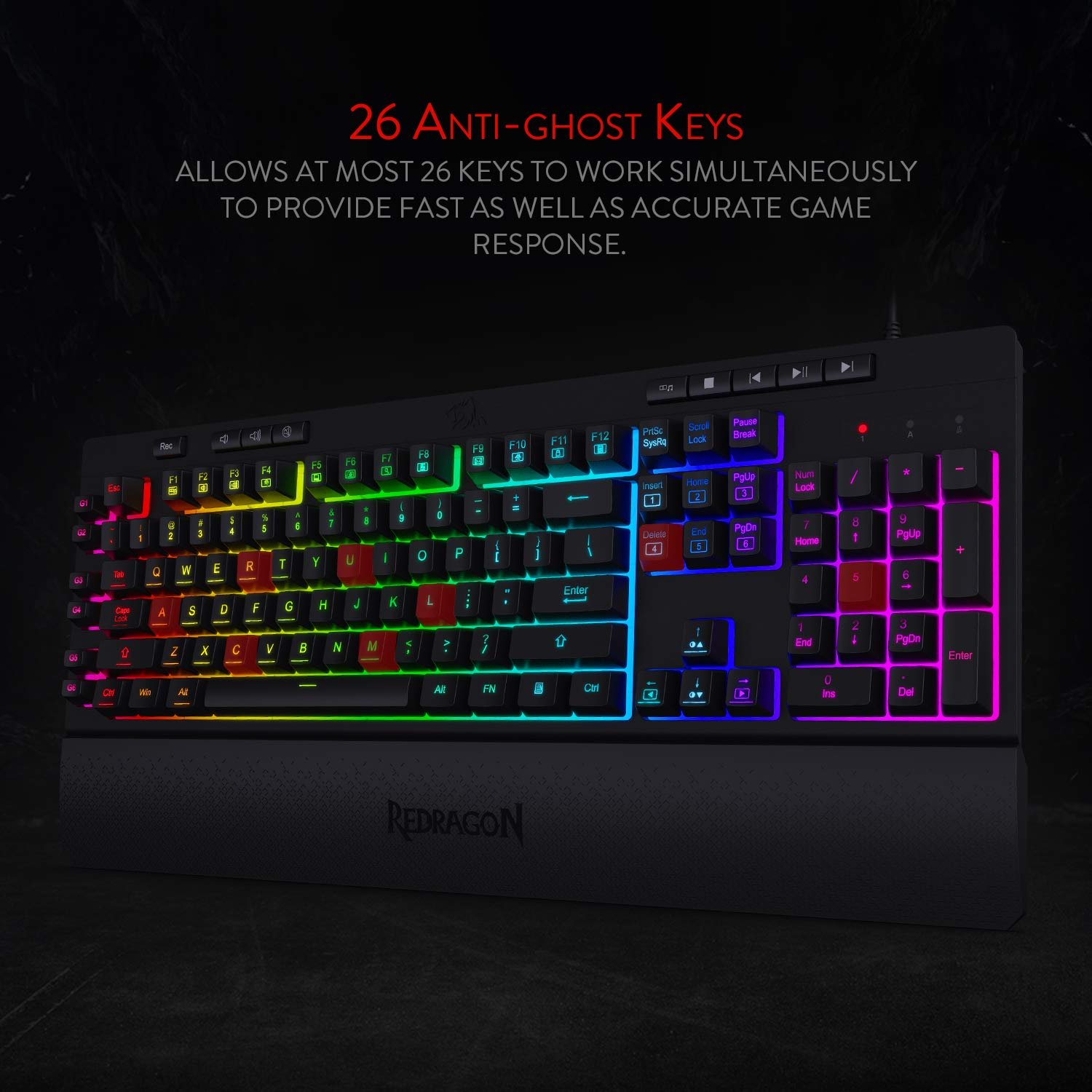 Redragon Shiva K512 RGB Backlit Membrane Wired Gaming Keyboard with Multimedia Keys, 6 Extra On-Board Macro Keys, Dedicated Media Control, Detachable Wrist Rest- Black - Image 7