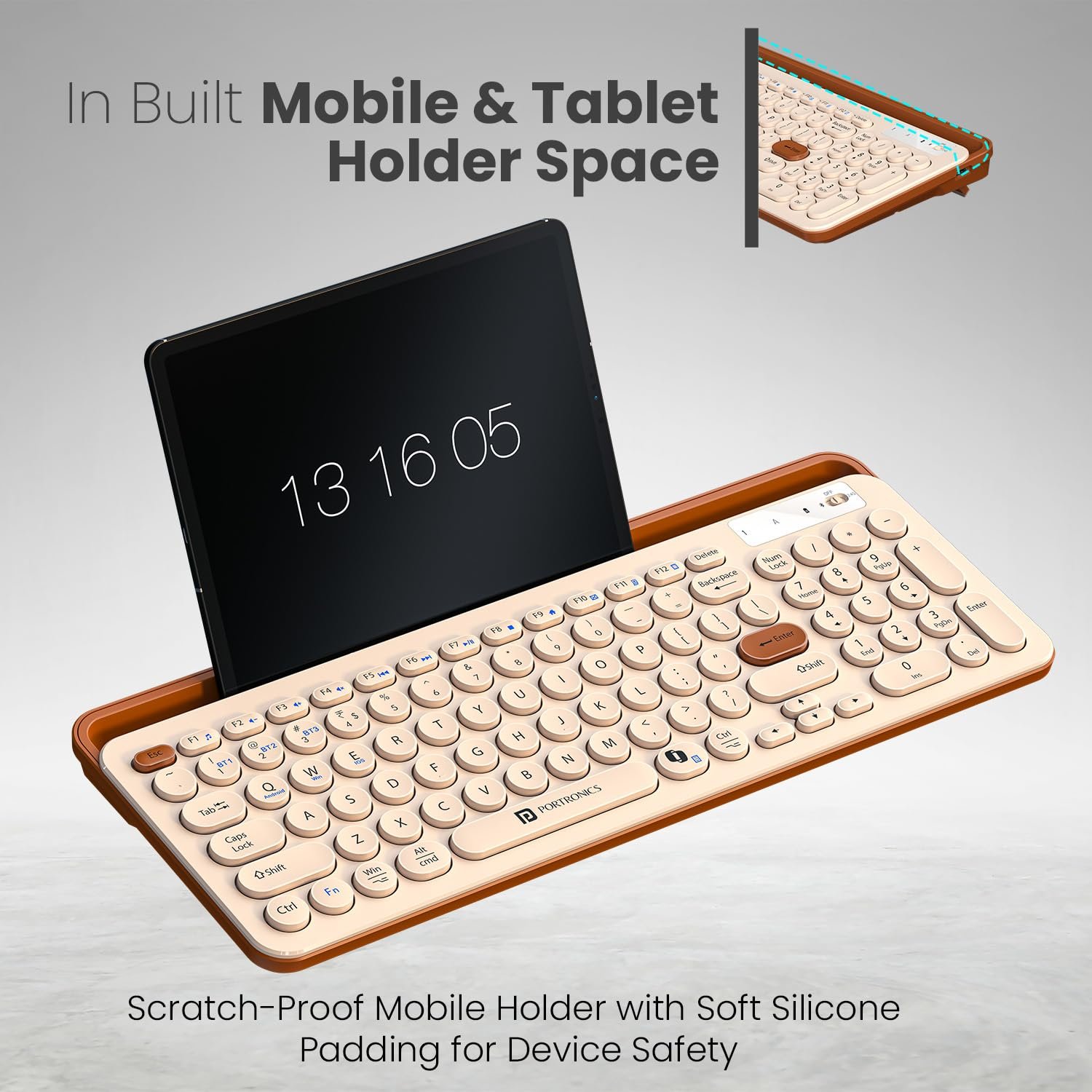 Portronics Bubble 3.0 Wireless Keyboard with Bluetooth + 2.4 GHz USB Receiver, Rechargeable Battery, Dual Height Adjustment, Multimedia Hotkeys with Numpad, for Laptop, PC, Smartphone, Tablet(Beige) - Image 4