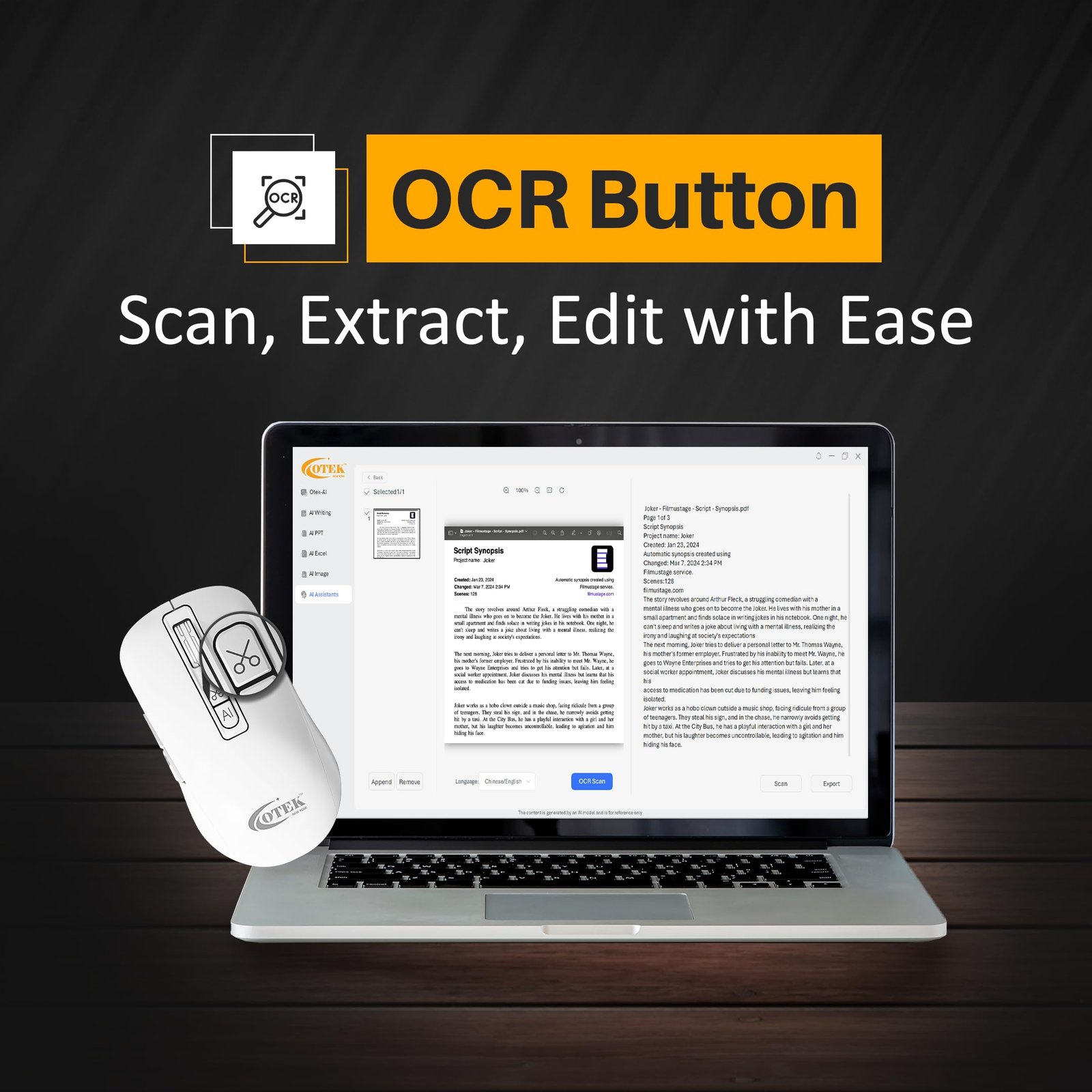 OTEK BM09 Smart AI Mouse Voice & Text Translation, Voice Recognition & Typing, OCR Screenshot, 100 Languages, AI PPT Creation, AI Excel, Adjustable DPI, Windows & MacOS, Multi-Connectivity (White) - Image 7