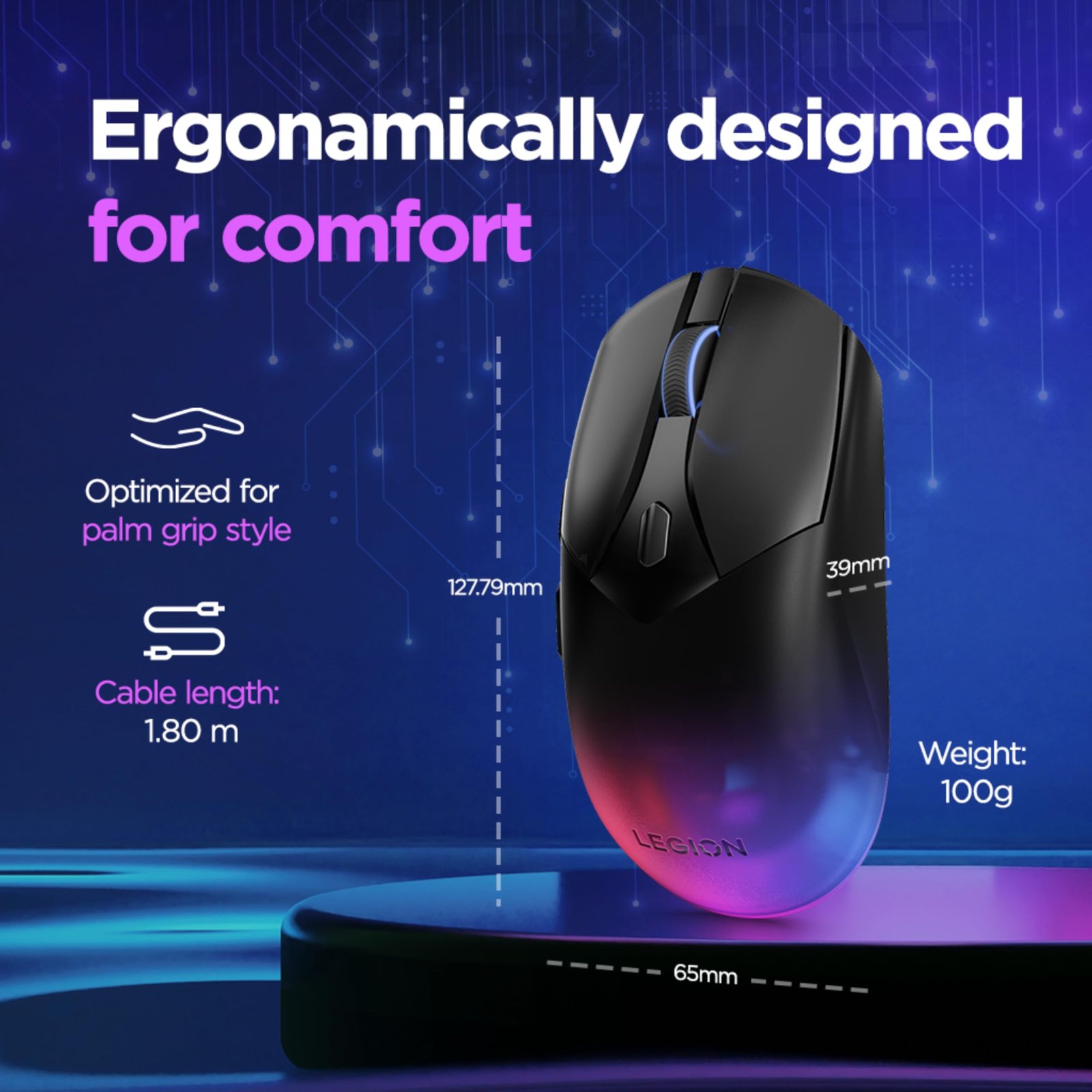 Lenovo Legion M410 Wireless RGB Gaming Mouse, Ambidextrous, 30 Million Clicks, 6 Programmable Buttons, Upto 16000 DPI with 4 Levels DPI Switch, 2-Zone Programmable RGB, 3Yr Warranty, Black, GY51P83012 - Image 3