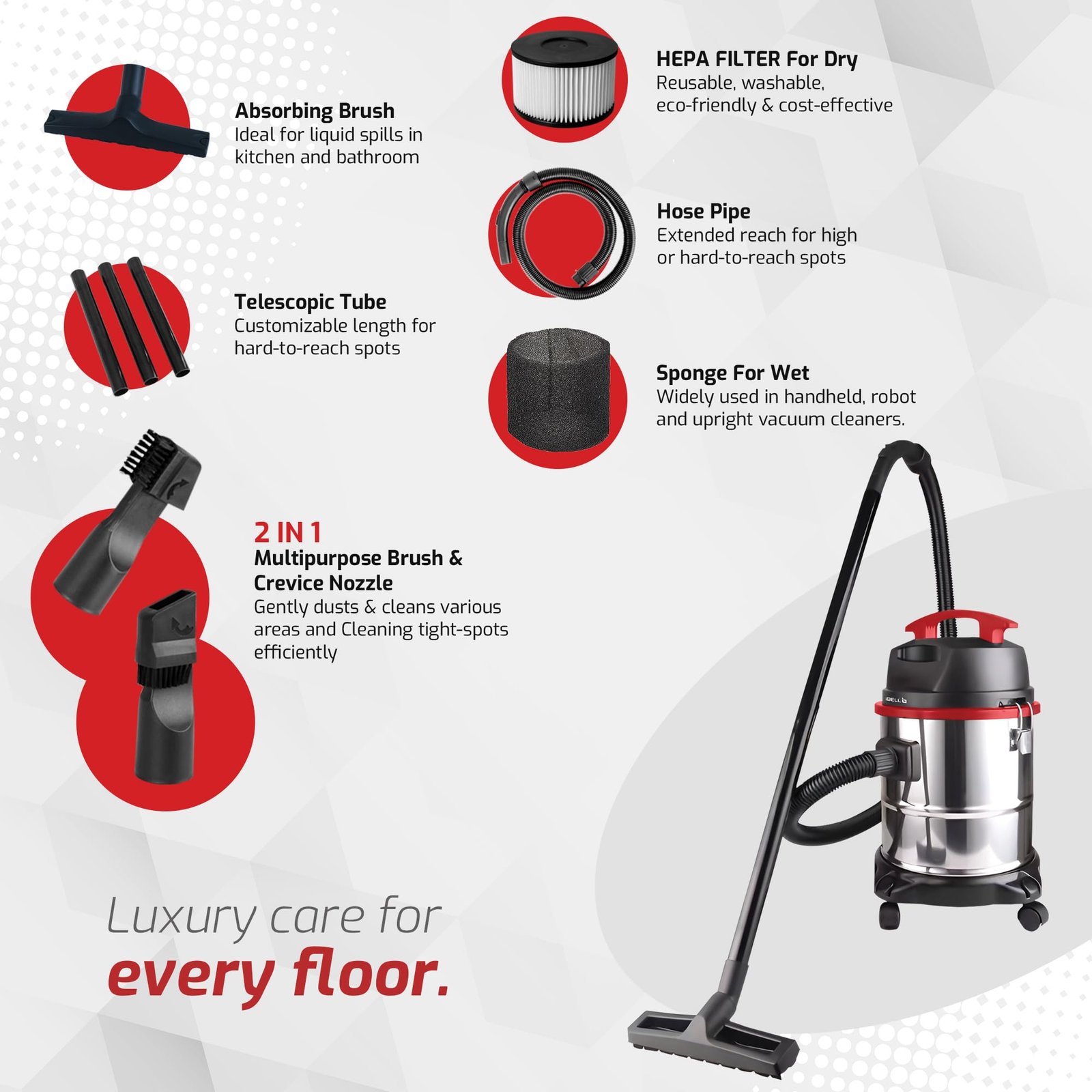 IBELL AERO VAC 2000 Vacuum Cleaner for Home Use Wet and Dry, 1600 W Motor, 21 LTR Tank Capacity, HEPA Filter, Blower Function, Stainless Steel Body (Black, Red, Steel) - Image 5