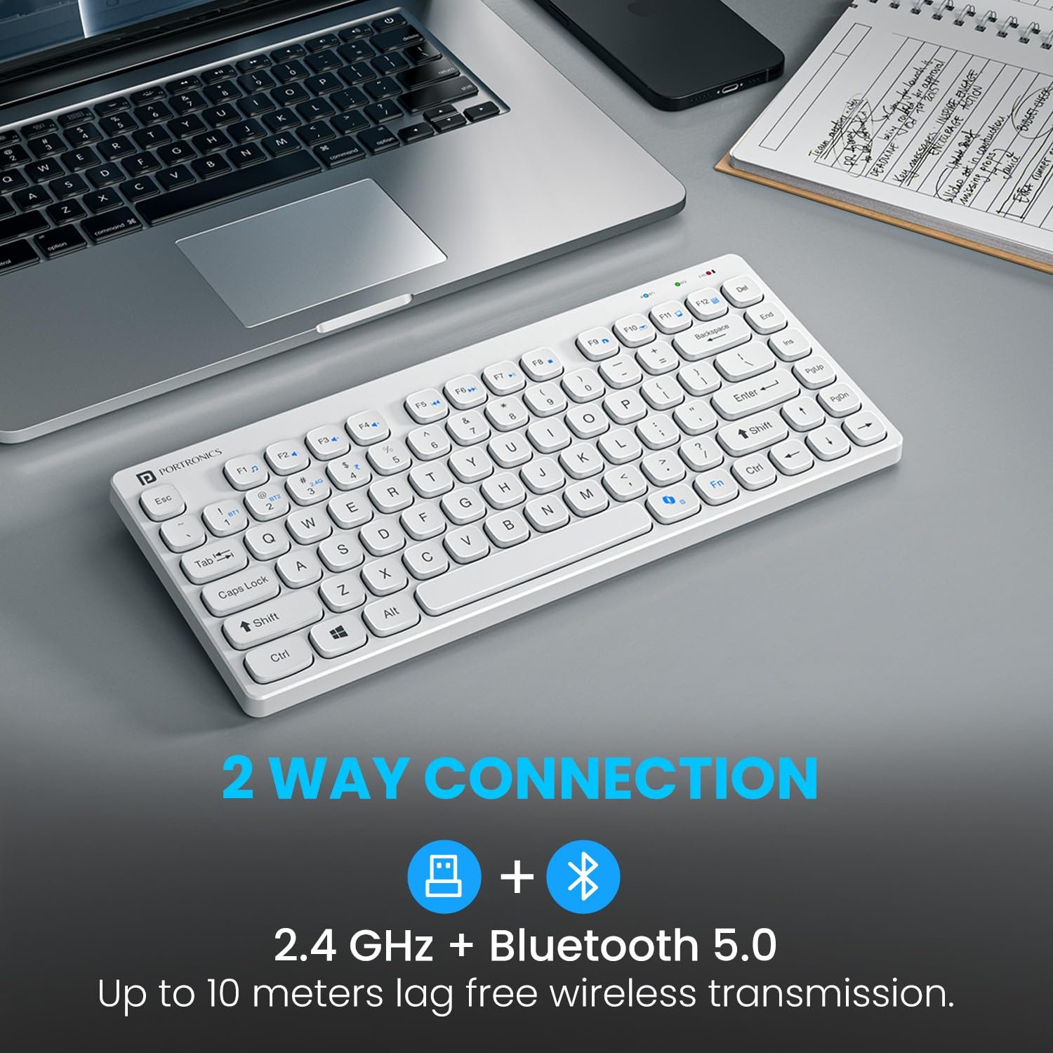 Portronics Bubble Multimedia Wireless Keyboard 2.4 GHz & Bluetooth 5.0 Connectivity, Noiseless Experience, Compact Size for iOS iPad Air, Pro, Mini, Android, Windows Tablets PC Smartphone(White) - Image 3