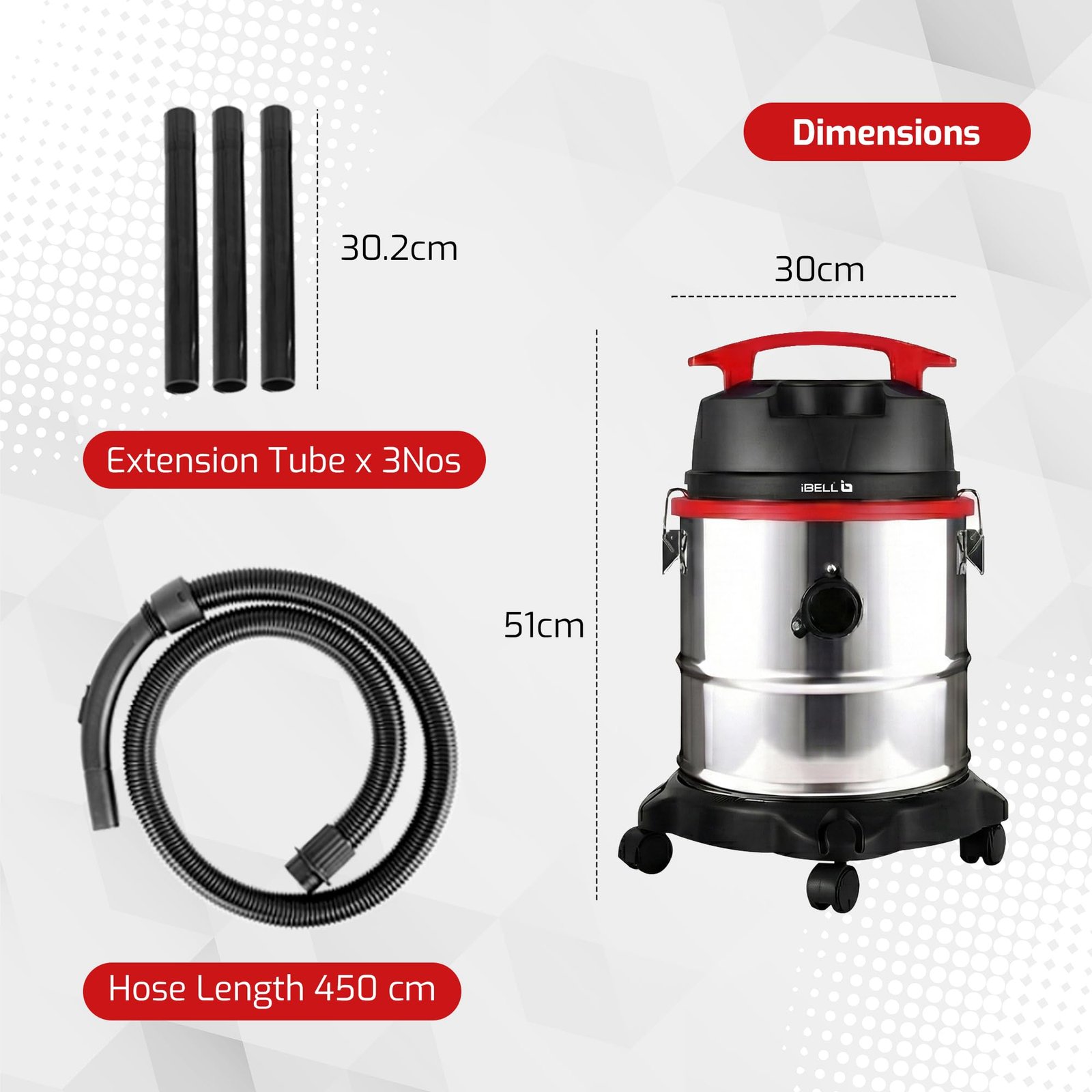 IBELL AERO VAC 2000 Vacuum Cleaner for Home Use Wet and Dry, 1600 W Motor, 21 LTR Tank Capacity, HEPA Filter, Blower Function, Stainless Steel Body (Black, Red, Steel) - Image 7