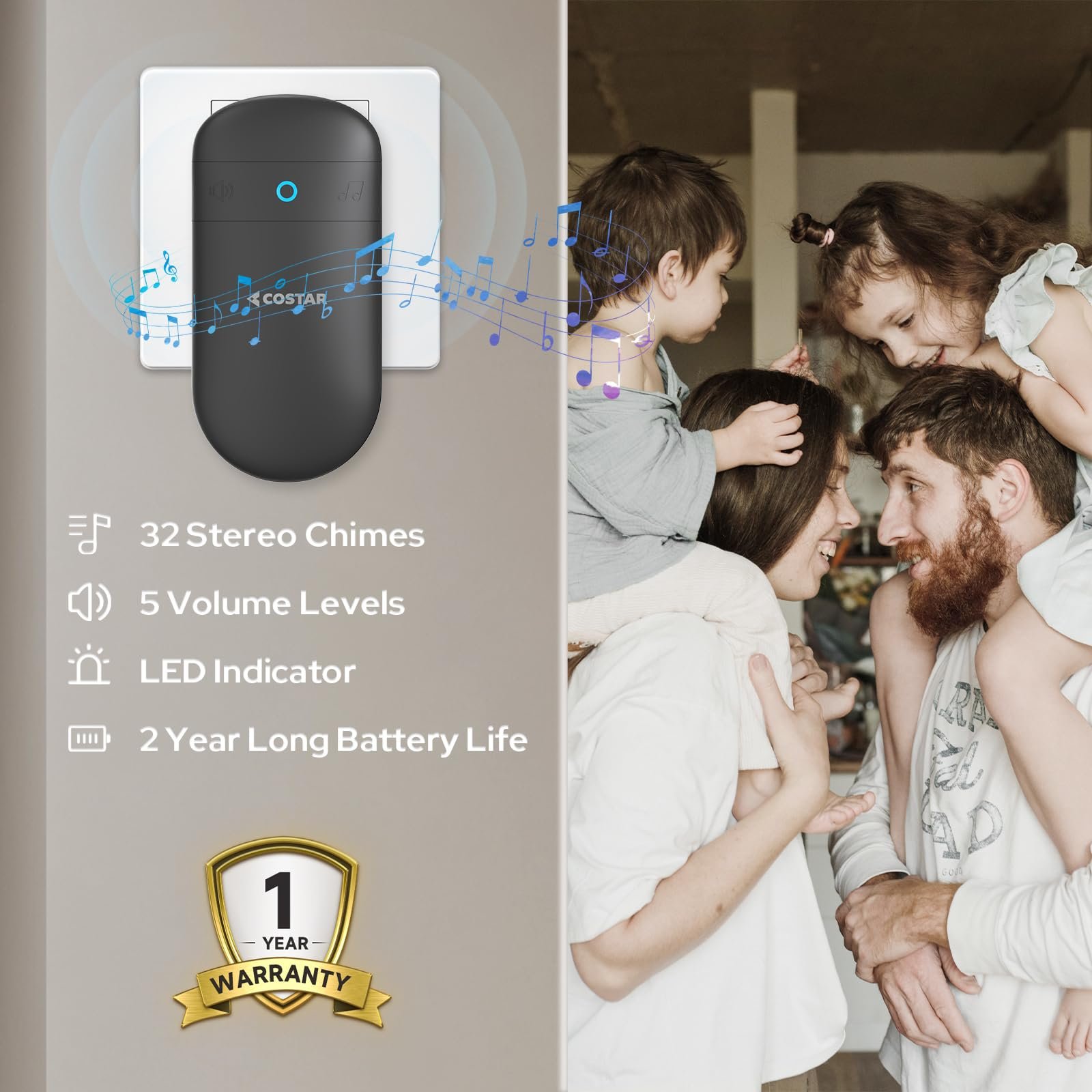 COSTAR Wireless Door Bell Kits Chime for Home Office with LED Light 300 Meter 1000 Feet Operating Range 32 Ringtones 5 Levels Volume, 1 Receiver and 1 Push Button IP44 Waterproof (Pebble T301-Black) - Image 4