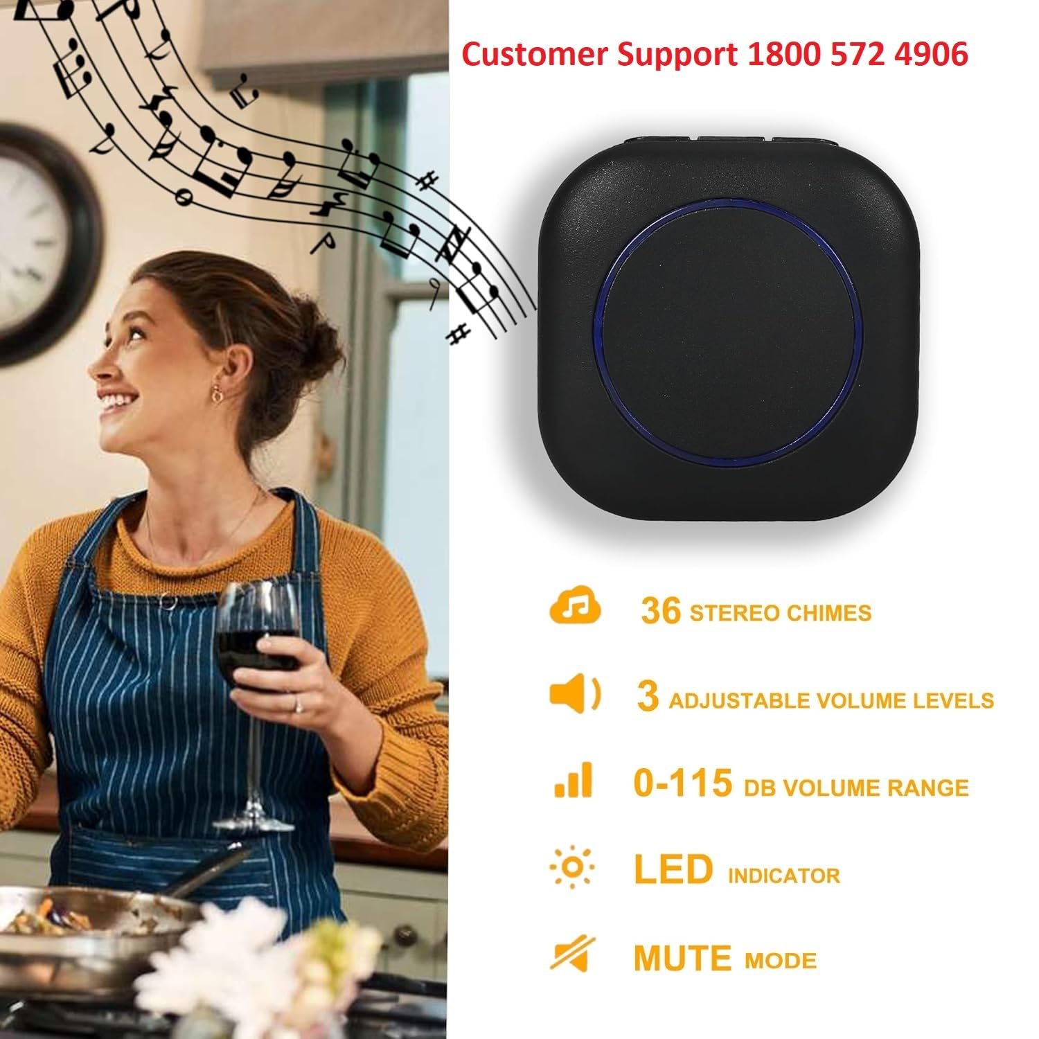 Nikcase 1Y Warranty Wireless Doorbell for Home & Office | Long Range 150m (500ft) | Multiple Musical Chimes | Adjustable 4 Volume LED Light Alert | Easy Plug & Play | Sunproof Water Resistance (Black) - Image 3