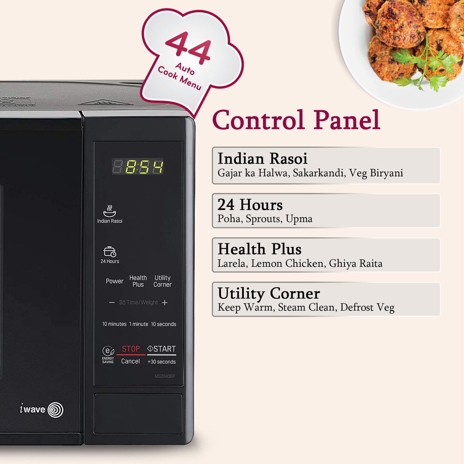 LG 20 L Solo Microwave Oven (MS2043BP, Black, Health plus Menu, I-Wave Technology, Indian Cuisine, Even Reheat & Defrost, Auto Cook Menu, Anti-Bacterial Cavity & Steam Clean) - Image 4