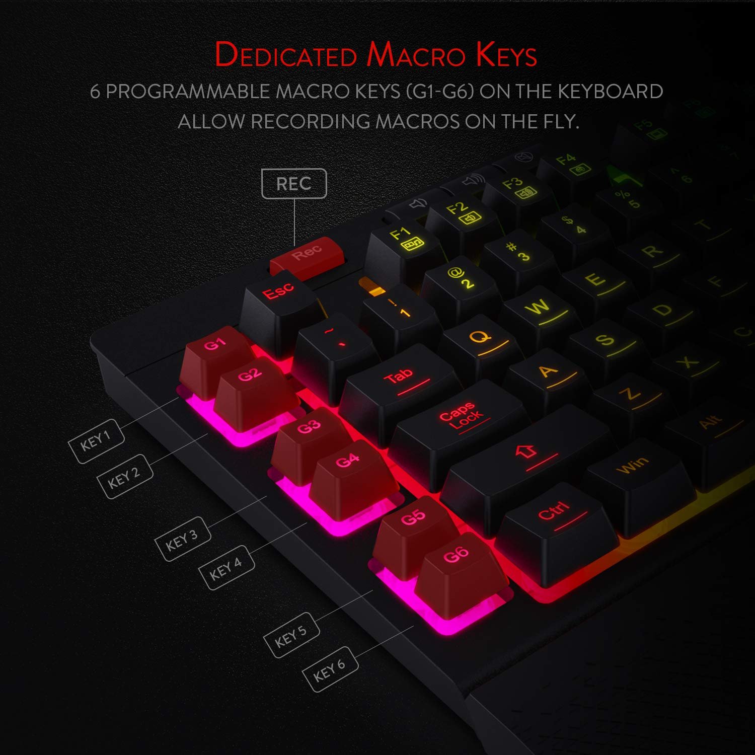Redragon Shiva K512 RGB Backlit Membrane Wired Gaming Keyboard with Multimedia Keys, 6 Extra On-Board Macro Keys, Dedicated Media Control, Detachable Wrist Rest- Black - Image 4