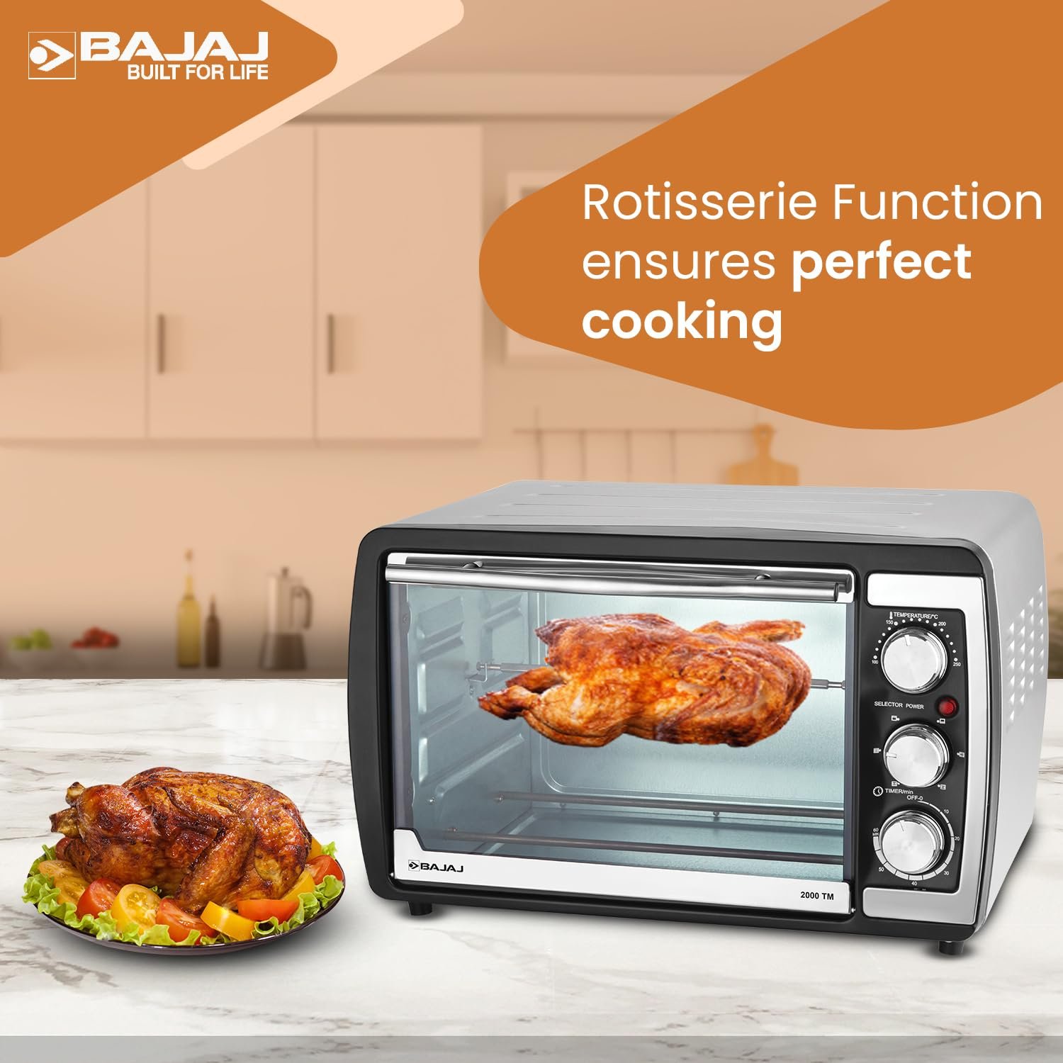 Bajaj 2000TM 20Ltr Oven Toaster Griller (20L OTG) | 1400 Watts Oven For Kitchen | Grilling, Baking, Toasting & Rotisserie | Transparent Glass Door | Temperature & Timer Control | 2 Yr Warranty 【Black】 - Image 3
