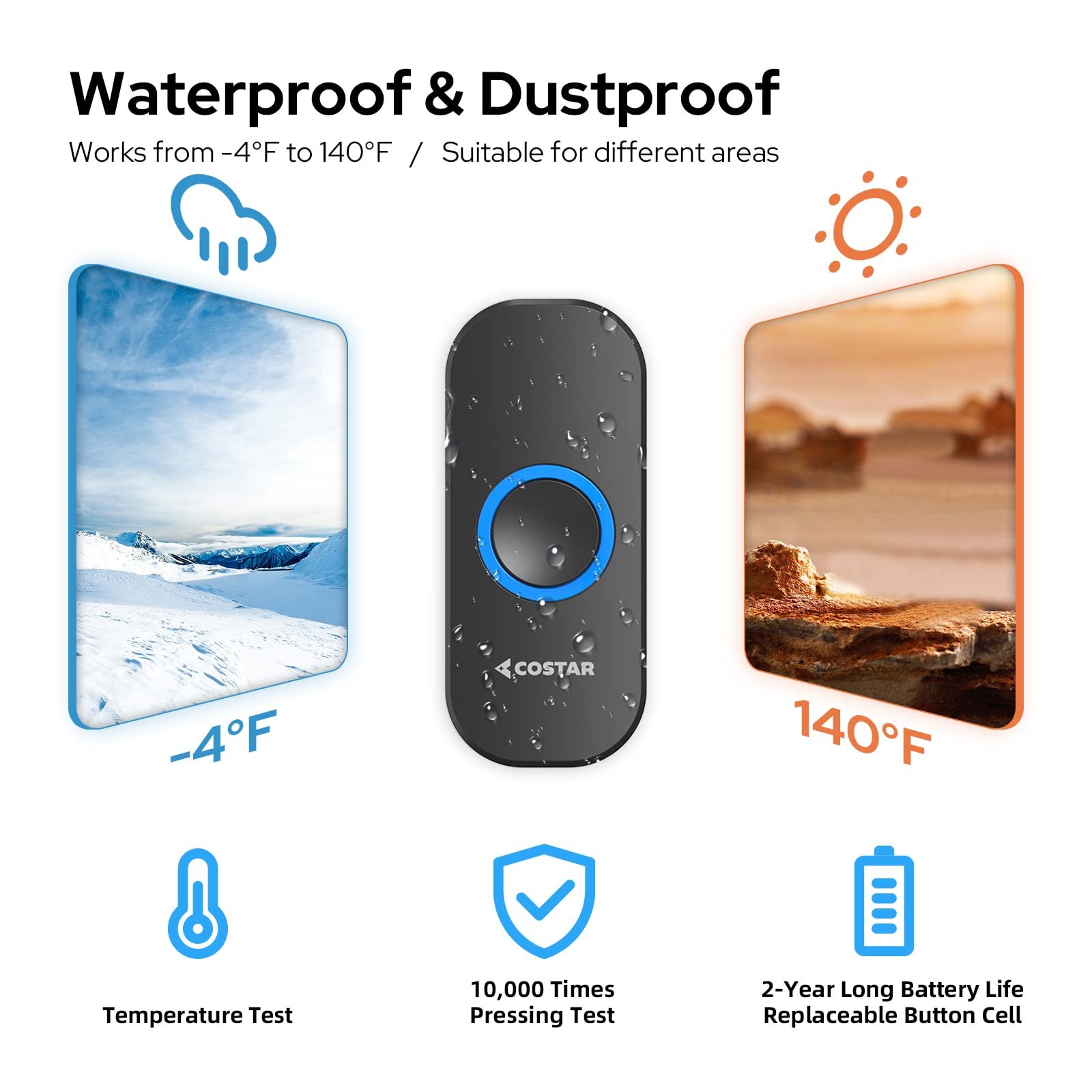 COSTAR Wireless Door Bell Kits Chime for Home Office with LED Light 300 Meter 1000 Feet Operating Range 32 Ringtones 5 Levels Volume, 1 Receiver and 1 Push Button IP44 Waterproof (Pebble T301-Black) - Image 3