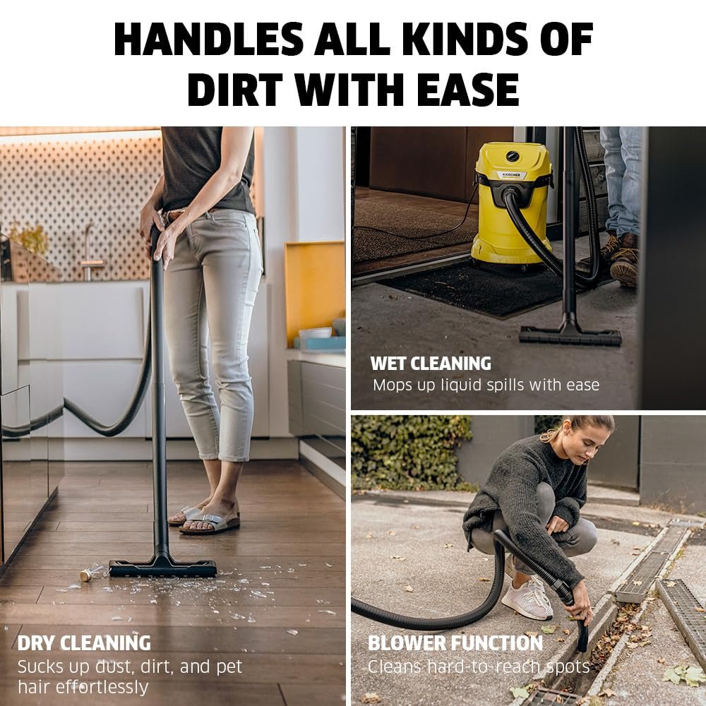 KARCHER Wd 3 V Wet & Dry Vacuum Cleaner, 23 kPa Suction Power, 17L Tank, 1000W Blower Function, Cartridge Filter & Fleece Filter Bag, for Home, Car & Furniture Cleaning, German Tech - Image 5