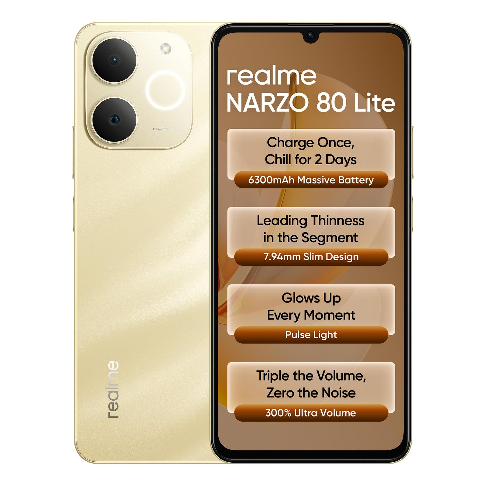 realme NARZO 80 Lite 4G (Beach Gold 2026, 4GB+64GB) | 6300mAh Segment's Biggest Battery | 7.94mm Slim Design | 300% Ultra Volume | Pulse Light: 9 Colors, 5 Glow Modes | Ai Assist - Image 2