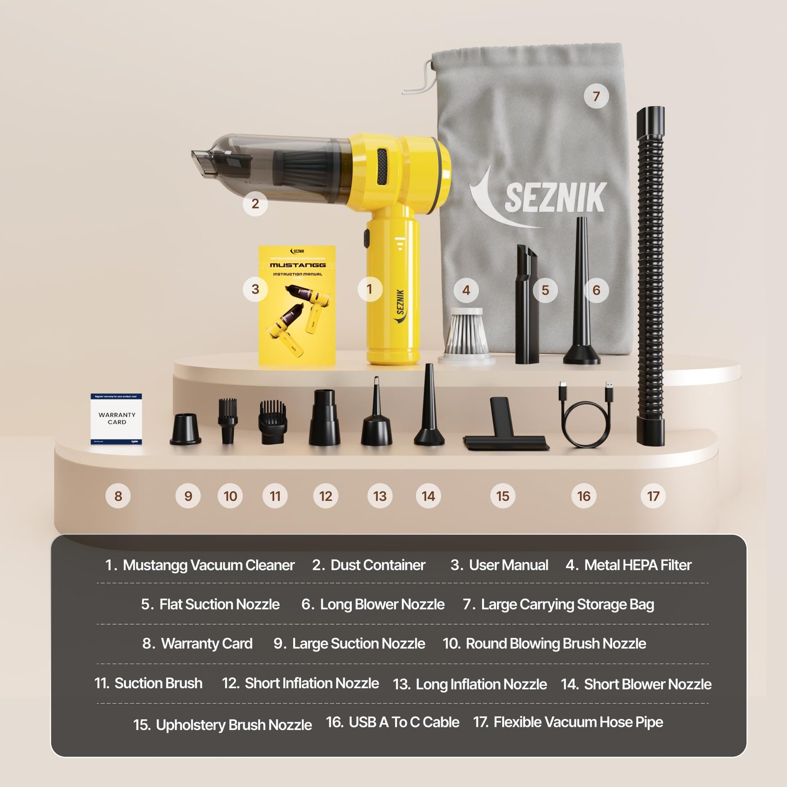 SEZNIK Vacuum Cleaner for Home Use | Car Use | 4 in 1 Cordless Vacuum Cleaner & Blower | Rechargeable 6000mAh | 3 Speed Suction Upto 15000PA | BLDC Motor | Clean Sofa, Curtains, More | 1 Year Warranty - Image 9