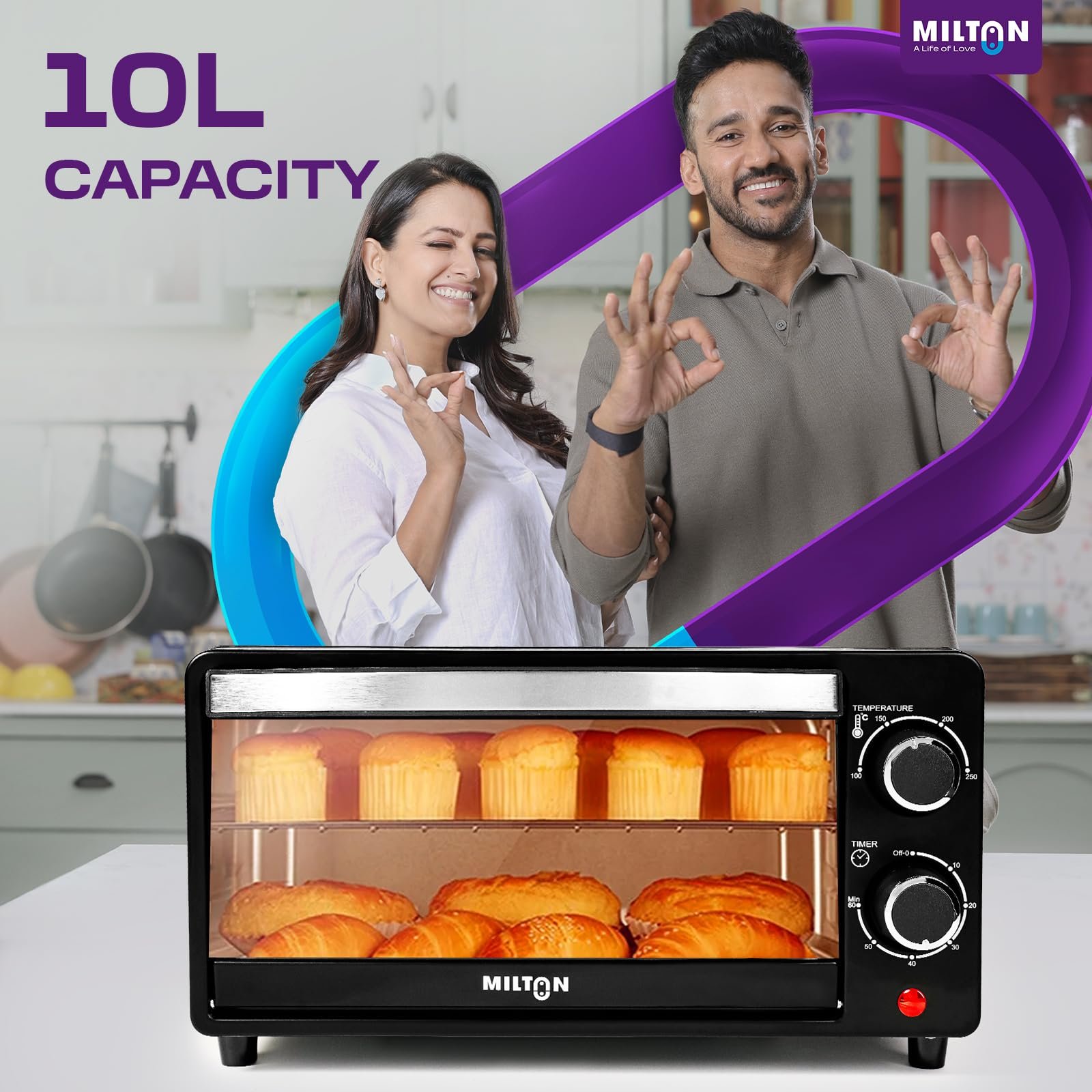 Milton 10L OTG Oven Toaster Griller for Kitchen | 800W | Royal Black Finish | Auto Shut-Off | 250°C Thermostat | Timer, Bell & Tempered Glass | Easy to Clean | Includes Grill Rack & Baking Tray - Image 3