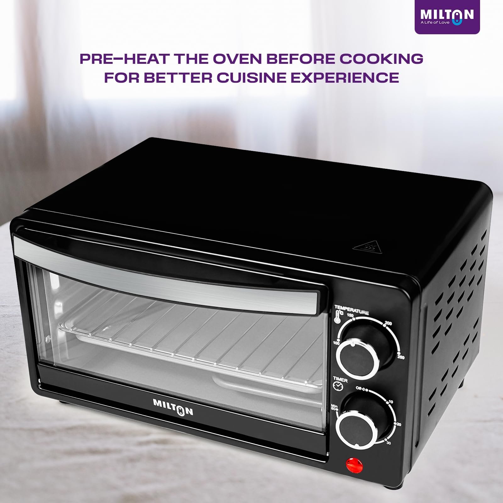 Milton 10L OTG Oven Toaster Griller for Kitchen | 800W | Royal Black Finish | Auto Shut-Off | 250°C Thermostat | Timer, Bell & Tempered Glass | Easy to Clean | Includes Grill Rack & Baking Tray - Image 7