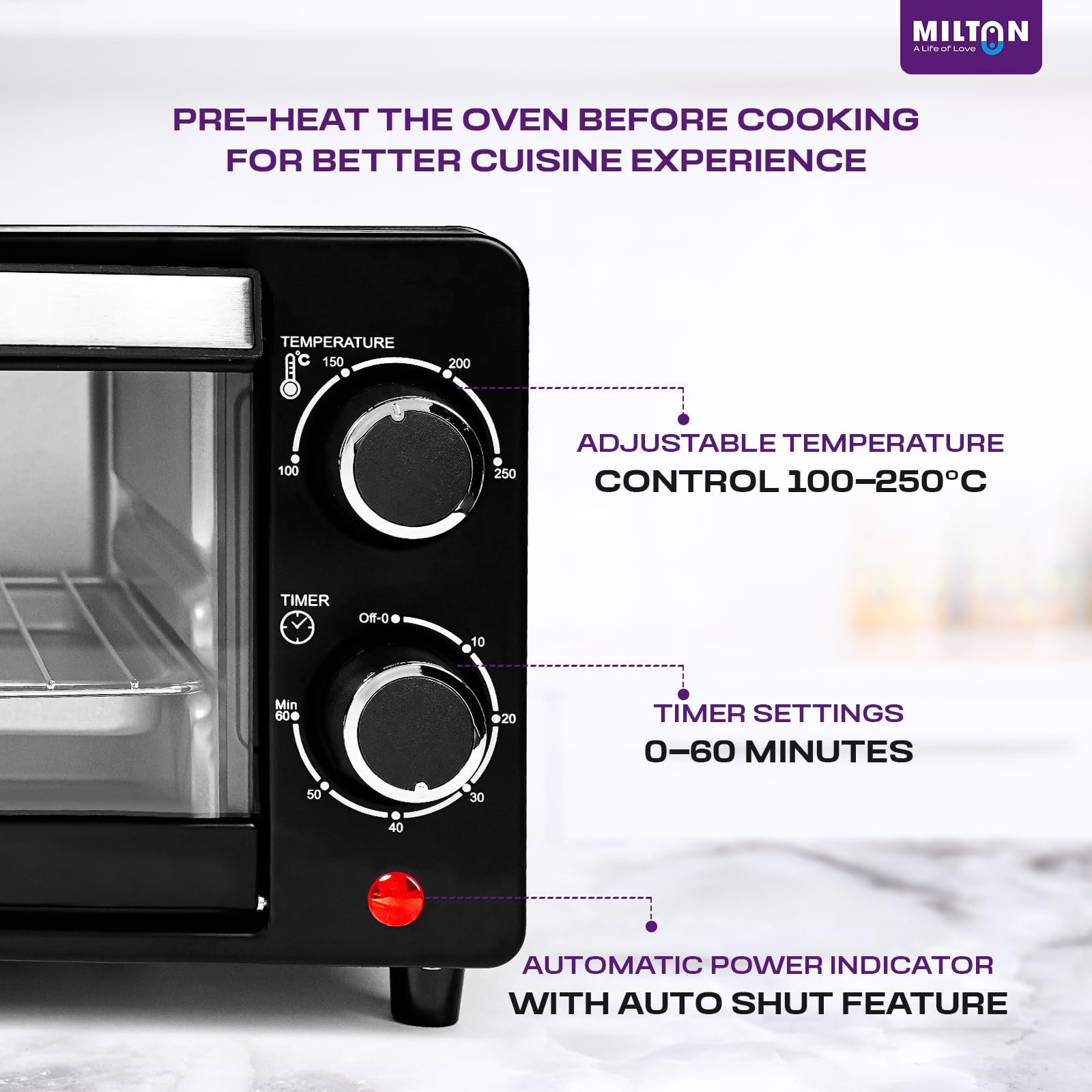 Milton 10L OTG Oven Toaster Griller for Kitchen | 800W | Royal Black Finish | Auto Shut-Off | 250°C Thermostat | Timer, Bell & Tempered Glass | Easy to Clean | Includes Grill Rack & Baking Tray - Image 9
