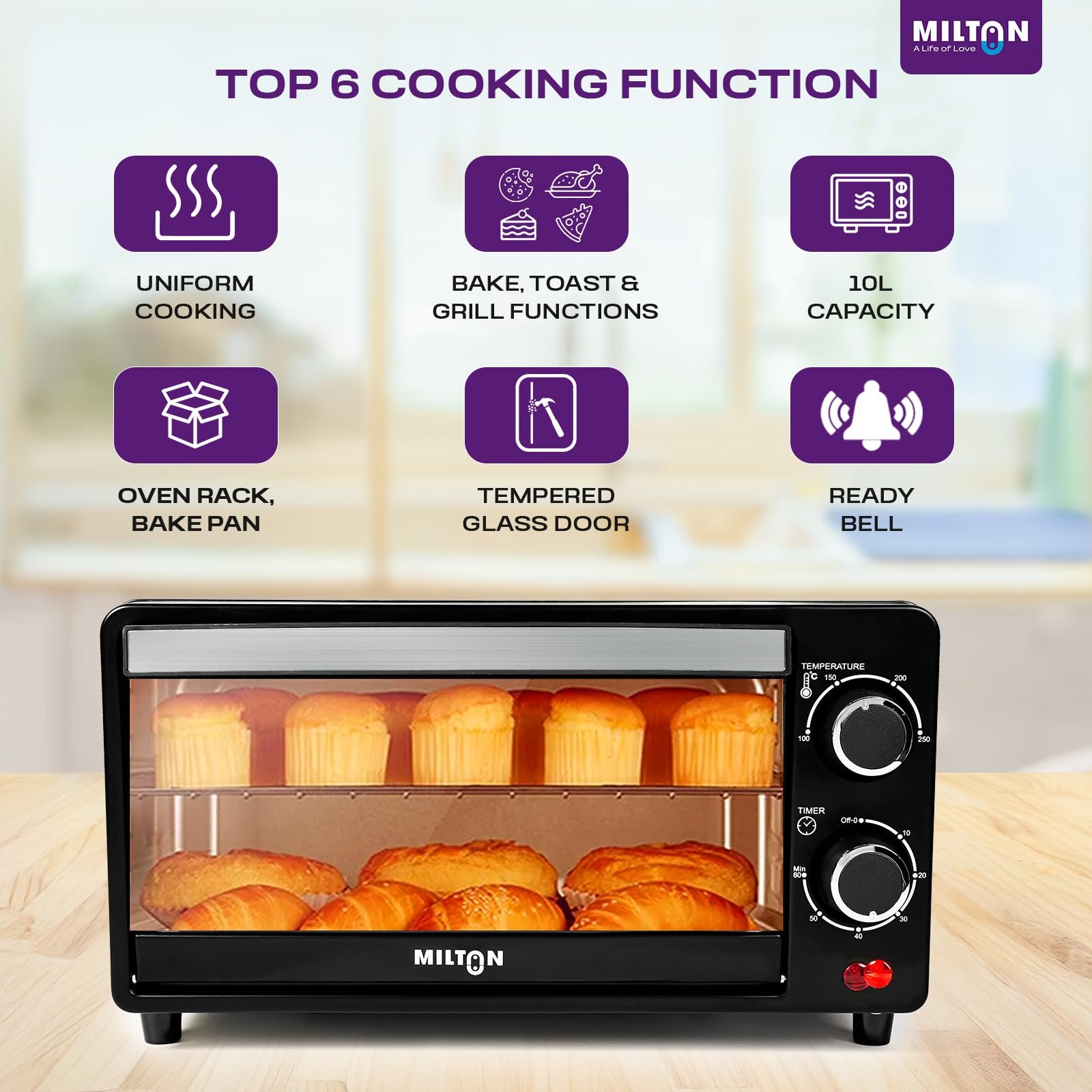 Milton 10L OTG Oven Toaster Griller for Kitchen | 800W | Royal Black Finish | Auto Shut-Off | 250°C Thermostat | Timer, Bell & Tempered Glass | Easy to Clean | Includes Grill Rack & Baking Tray - Image 4