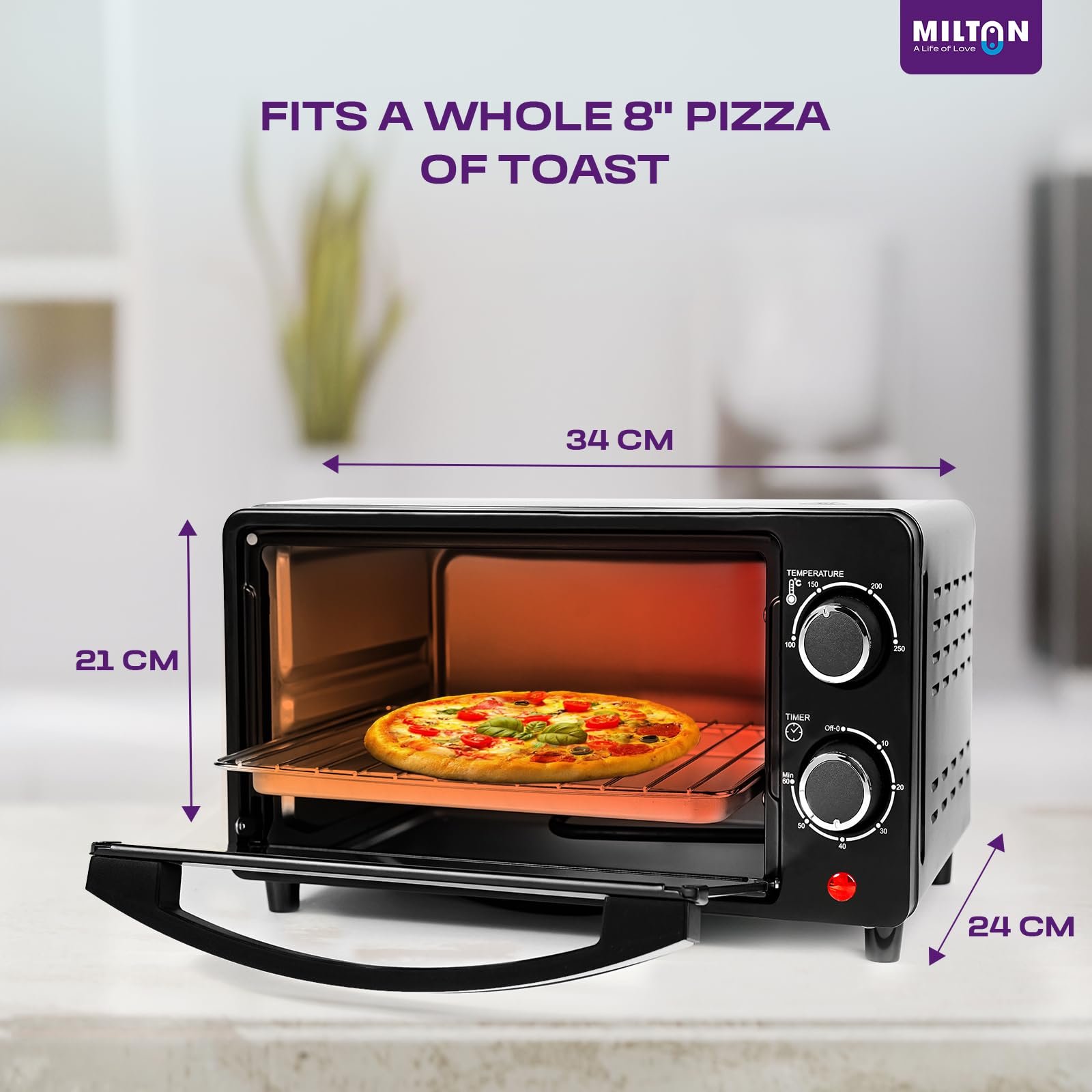 Milton 10L OTG Oven Toaster Griller for Kitchen | 800W | Royal Black Finish | Auto Shut-Off | 250°C Thermostat | Timer, Bell & Tempered Glass | Easy to Clean | Includes Grill Rack & Baking Tray - Image 5