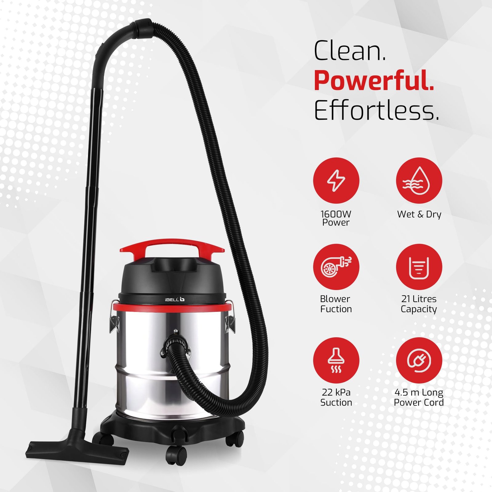 IBELL AERO VAC 2000 Vacuum Cleaner for Home Use Wet and Dry, 1600 W Motor, 21 LTR Tank Capacity, HEPA Filter, Blower Function, Stainless Steel Body (Black, Red, Steel) - Image 4