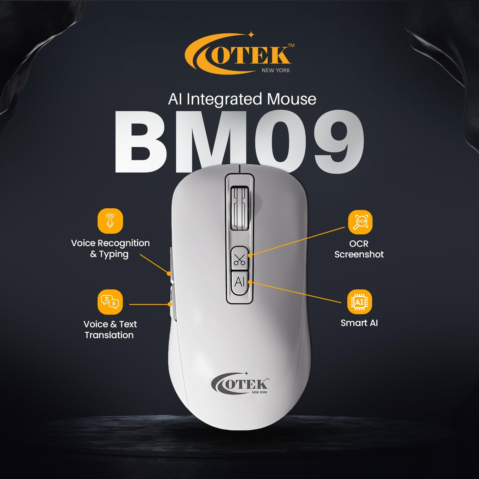 OTEK BM09 Smart AI Mouse Voice & Text Translation, Voice Recognition & Typing, OCR Screenshot, 100 Languages, AI PPT Creation, AI Excel, Adjustable DPI, Windows & MacOS, Multi-Connectivity (White) - Image 3