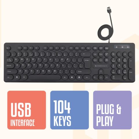 ZEBRONICS K24 Wired USB Keyboard, 104 Keys, Long Life 8 Million Keystrokes, Silent & Comfortable Use, Slim Design, Retractable Stand, 1.5 Meter Textured Cable, UV Coated keycaps