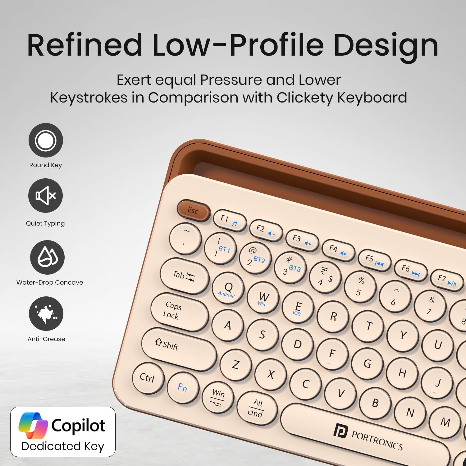 Portronics Bubble 3.0 Wireless Keyboard with Bluetooth + 2.4 GHz USB Receiver, Rechargeable Battery, Dual Height Adjustment, Multimedia Hotkeys with Numpad, for Laptop, PC, Smartphone, Tablet(Beige) - Image 8