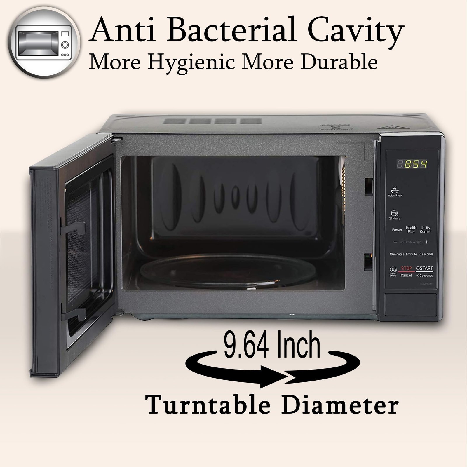 LG 20 L Solo Microwave Oven (MS2043BP, Black, Health plus Menu, I-Wave Technology, Indian Cuisine, Even Reheat & Defrost, Auto Cook Menu, Anti-Bacterial Cavity & Steam Clean) - Image 7
