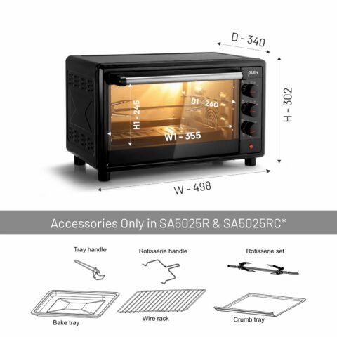 Glen Multi-Function OTG for Kitchen, 25 Litre, 1700W, Oven Toaster Griller with 6 Heating Modes, Adjustable Temperature & Timer, Tray & Rack, Bake, Grill & Toast, Oven for Baking - Black (SA5025)
