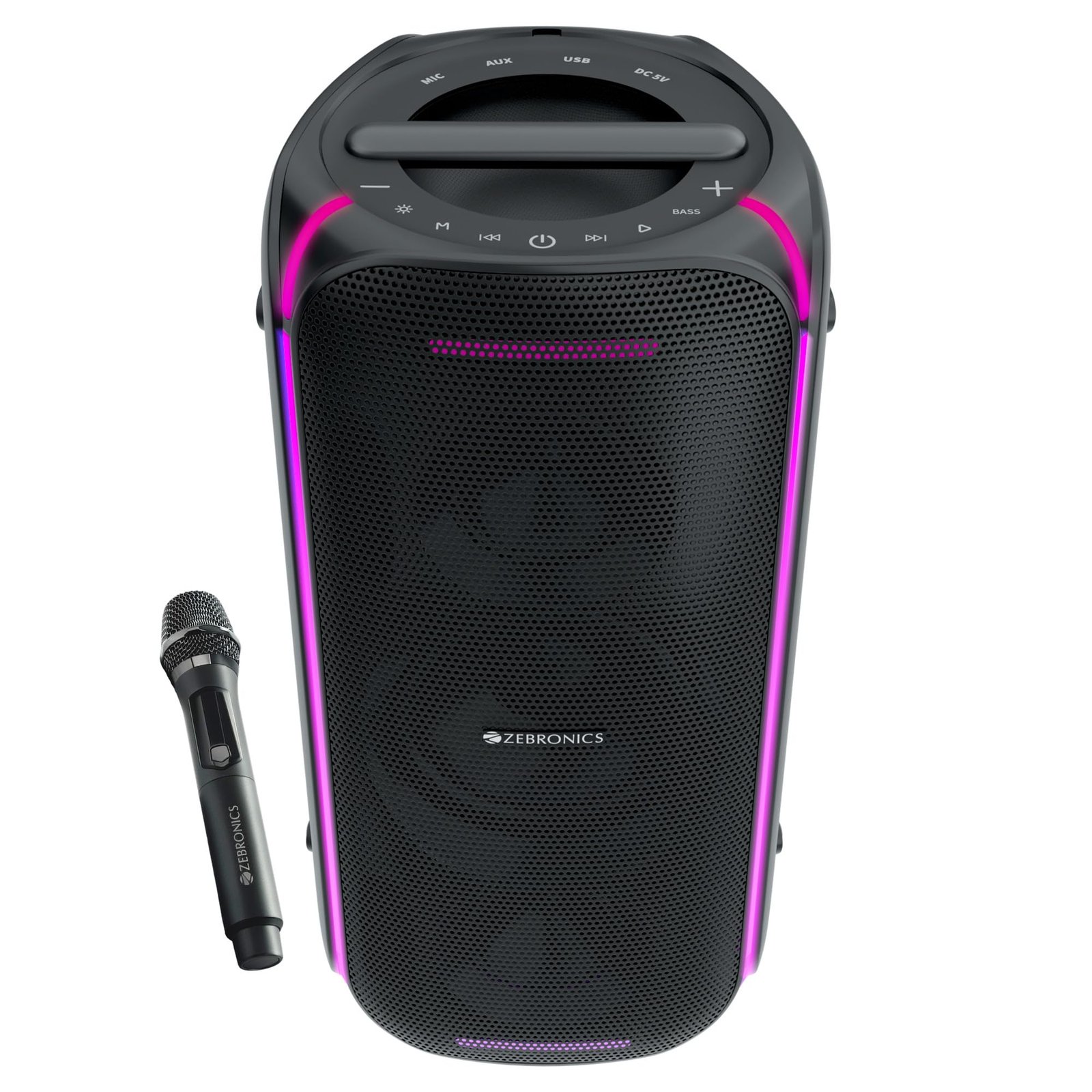 Zebronics Portable Bluetooth Speaker, 90W, Upto 6 Hours Playback, Dual Full-Range Drivers, Karaoke, TWS, BT v5.3, USB, AUX, RGB, Deep Bass, Wireless Mic with Display, Type-C Charge (Party Fyre 100) - Image 2