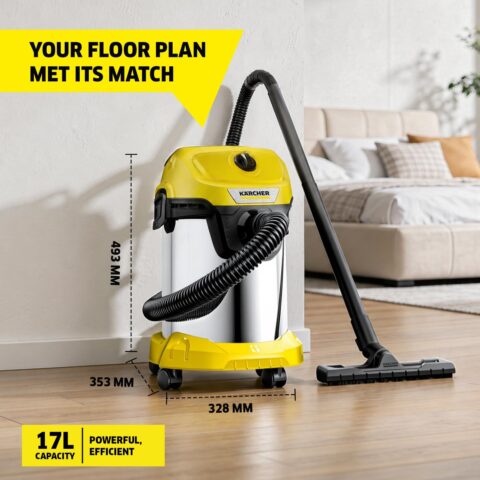 Karcher WD 3 SV Wet & Dry Vacuum Cleaner, 1000W, 23kPa Suction Power, 17L Tank, Stainless Steel Body, Blower Function, Cartridge Filter & Fleece Filter Bag, Home Car & Furniture Cleaning, German Tech