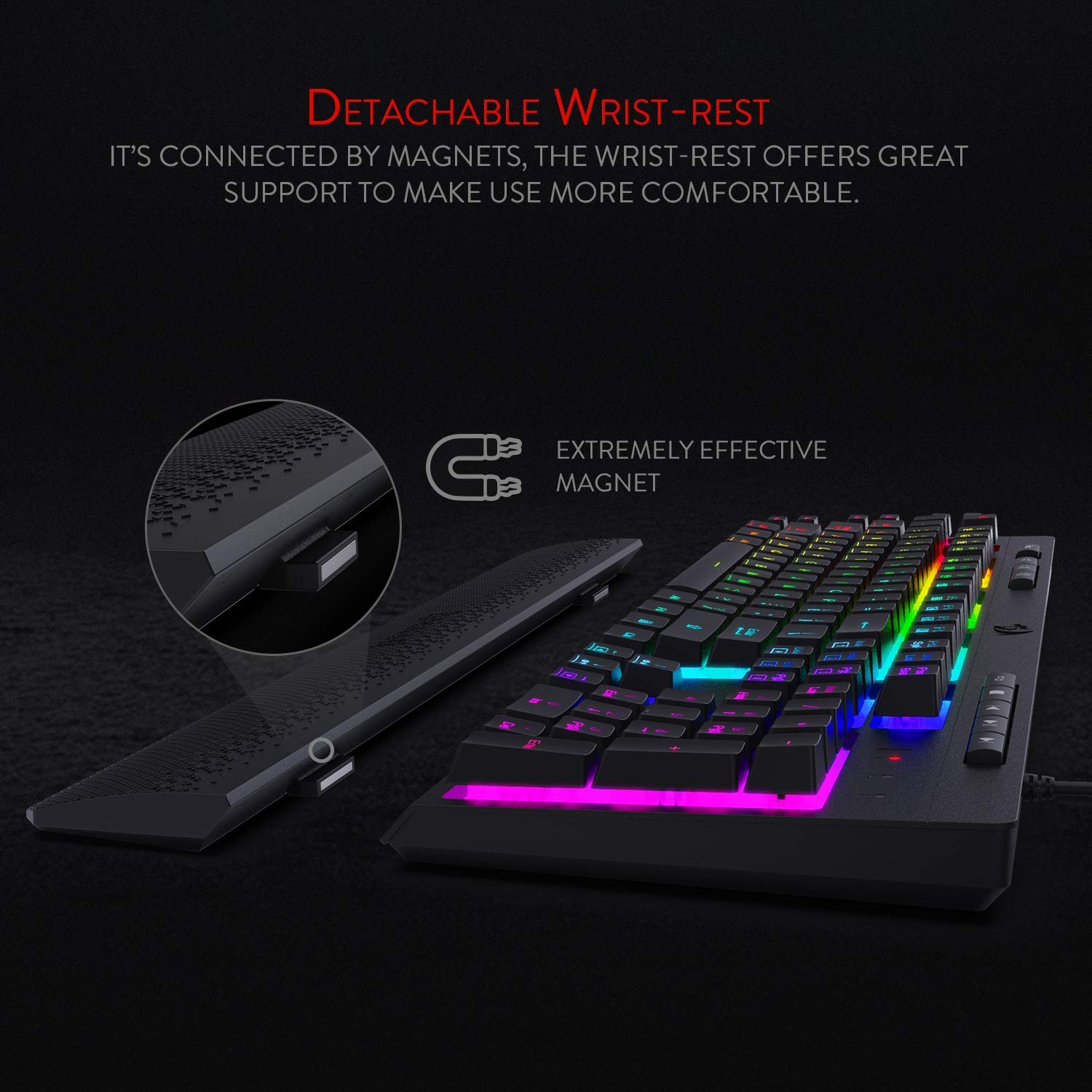 Redragon Shiva K512 RGB Backlit Membrane Wired Gaming Keyboard with Multimedia Keys, 6 Extra On-Board Macro Keys, Dedicated Media Control, Detachable Wrist Rest- Black - Image 5