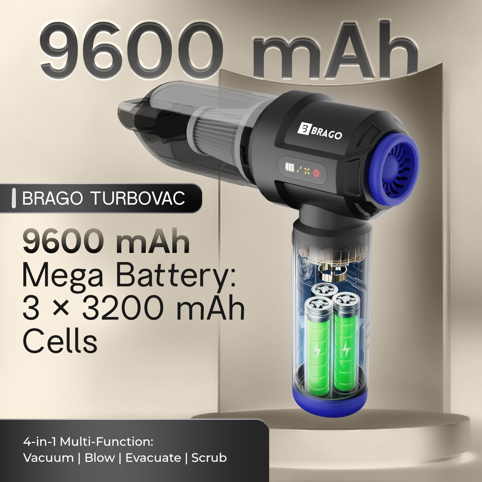 Brago TurboVac Cordless Vacuum Cleaner for Car & Home, 18500Pa Powerful Suction, 4-in-1 Portable Vacuum & Air Blower, 9600mAh Battery (40 Mins Runtime), 3-Speed BLDC Motor - Image 4