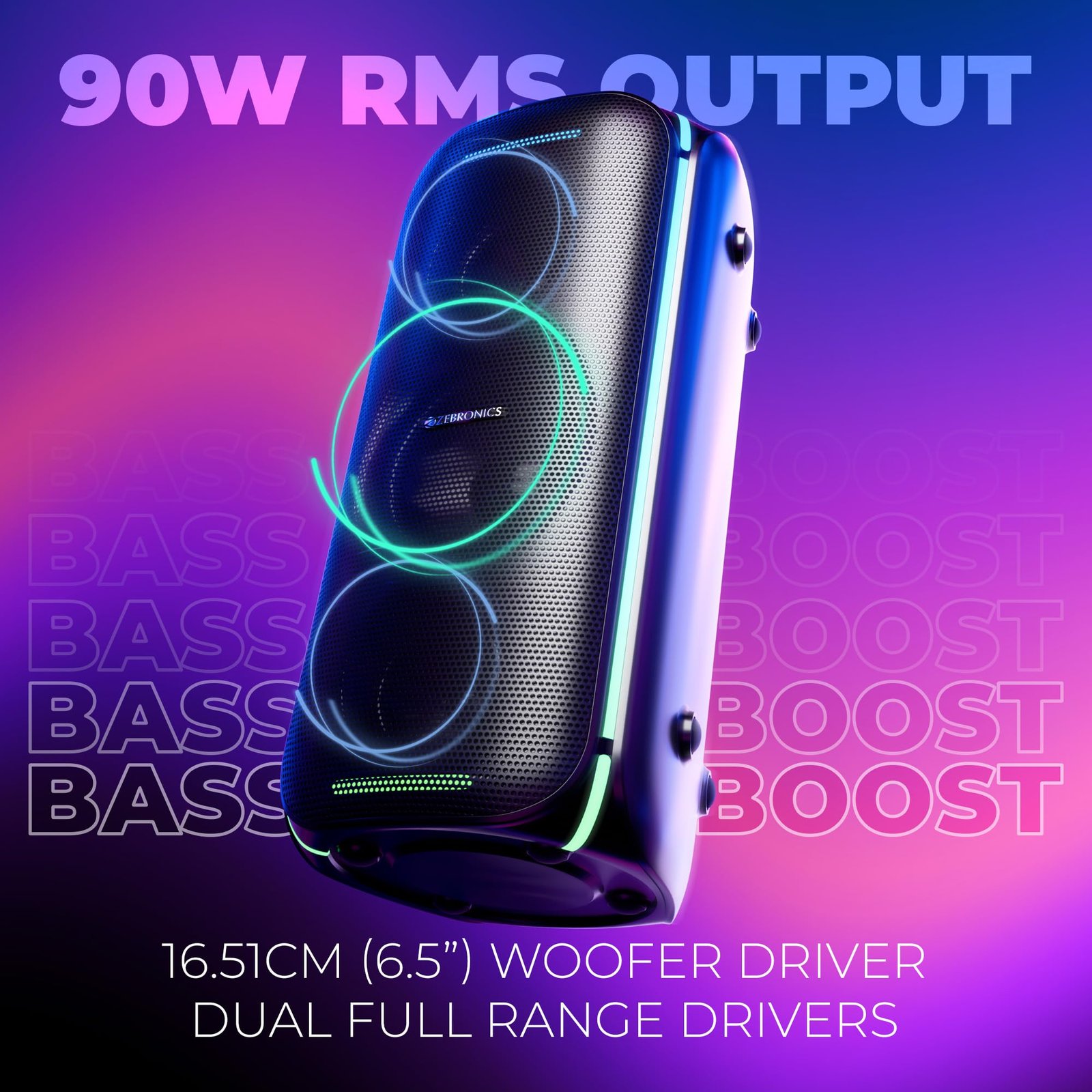 Zebronics Portable Bluetooth Speaker, 90W, Upto 6 Hours Playback, Dual Full-Range Drivers, Karaoke, TWS, BT v5.3, USB, AUX, RGB, Deep Bass, Wireless Mic with Display, Type-C Charge (Party Fyre 100) - Image 3