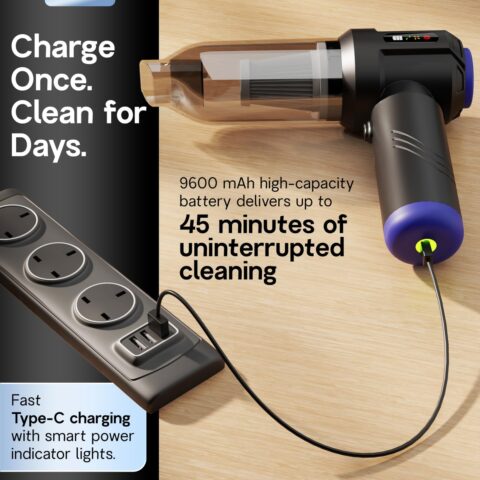 Brago TurboVac Cordless Vacuum Cleaner for Car & Home, 18500Pa Powerful Suction, 4-in-1 Portable Vacuum & Air Blower, 9600mAh Battery (40 Mins Runtime), 3-Speed BLDC Motor