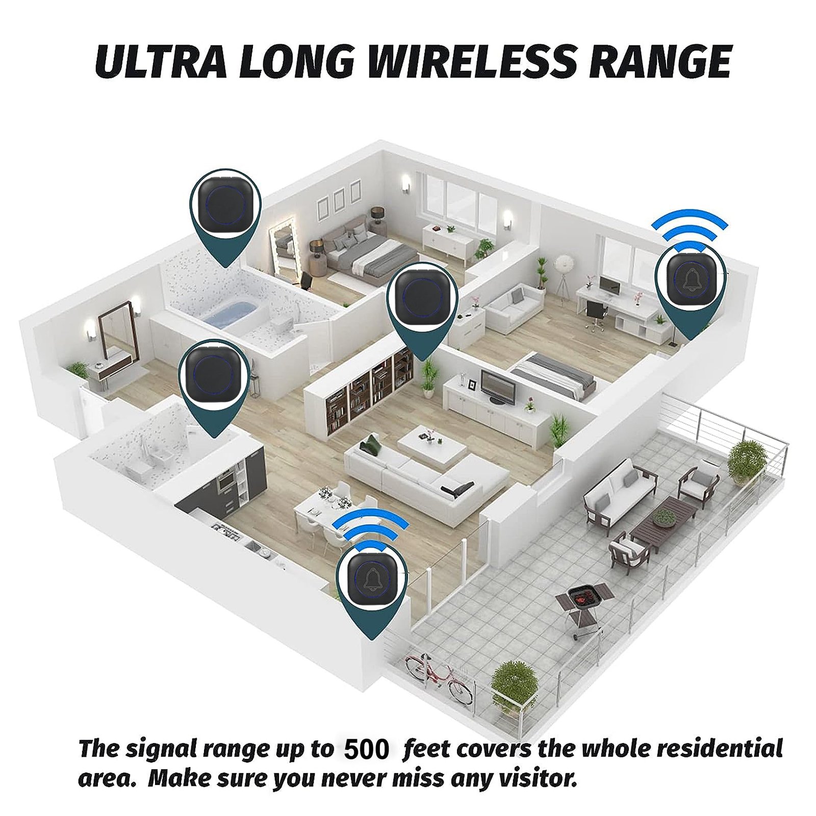 Nikcase 1Y Warranty Wireless Doorbell for Home & Office | Long Range 150m (500ft) | Multiple Musical Chimes | Adjustable 4 Volume LED Light Alert | Easy Plug & Play | Sunproof Water Resistance (Black) - Image 5