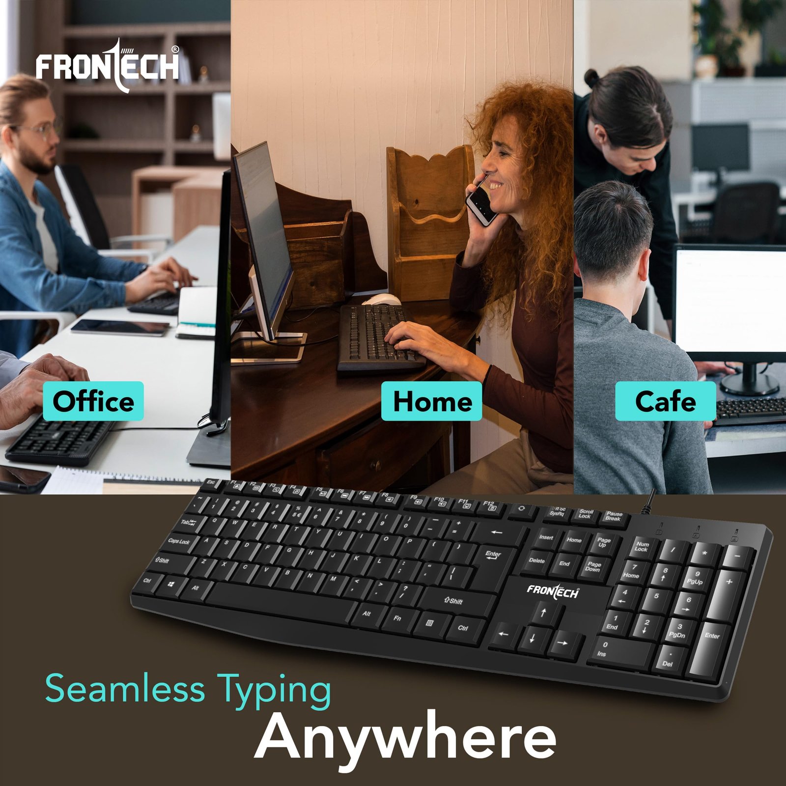 FRONTECH PrecisionFlow USB Keyboard - Ergonomic Design & Silent Typing for Windows (FT-1671)