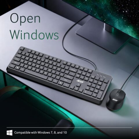 Acer OfficeMate Wired Keyboard Mouse Combo | Full Size 104 Keys Keyboard with Multimedia Keys | 1200 DPI Optical Mouse | USB Plug & Play | Silent Typing | Ergonomic Design | Windows Compatible I Black