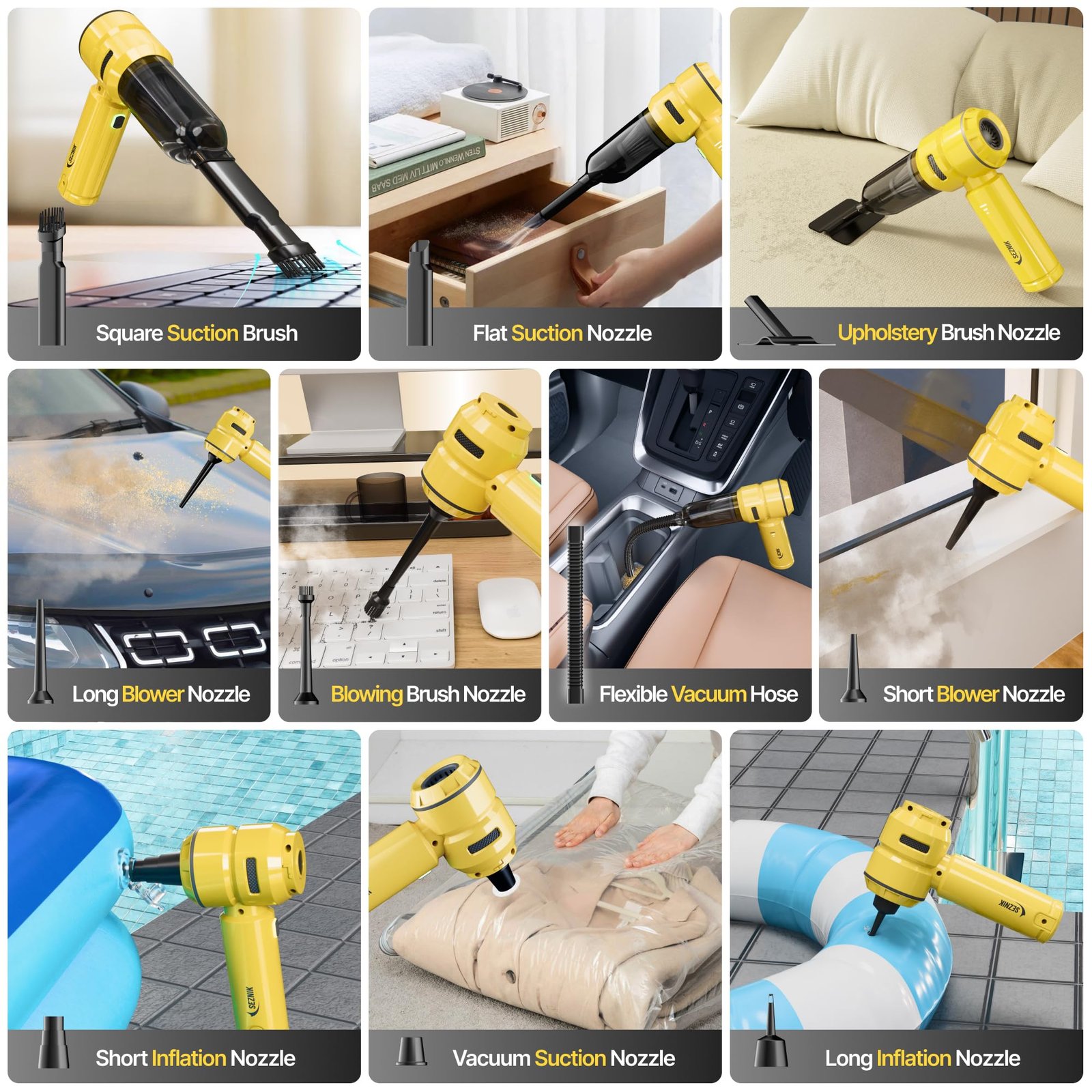 SEZNIK Vacuum Cleaner for Home Use | Car Use | 4 in 1 Cordless Vacuum Cleaner & Blower | Rechargeable 6000mAh | 3 Speed Suction Upto 15000PA | BLDC Motor | Clean Sofa, Curtains, More | 1 Year Warranty - Image 8