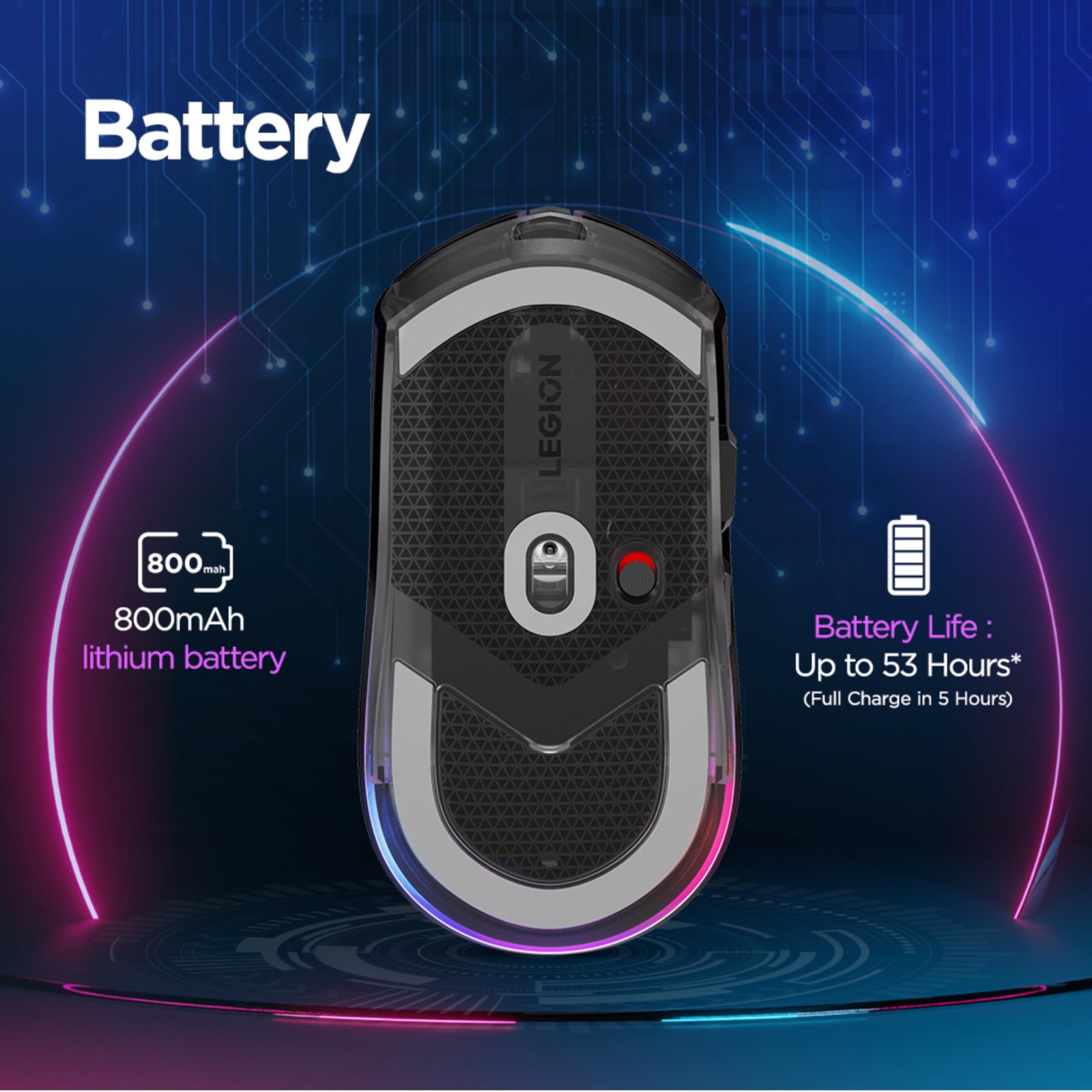 Lenovo Legion M410 Wireless RGB Gaming Mouse, Ambidextrous, 30 Million Clicks, 6 Programmable Buttons, Upto 16000 DPI with 4 Levels DPI Switch, 2-Zone Programmable RGB, 3Yr Warranty, Black, GY51P83012 - Image 4