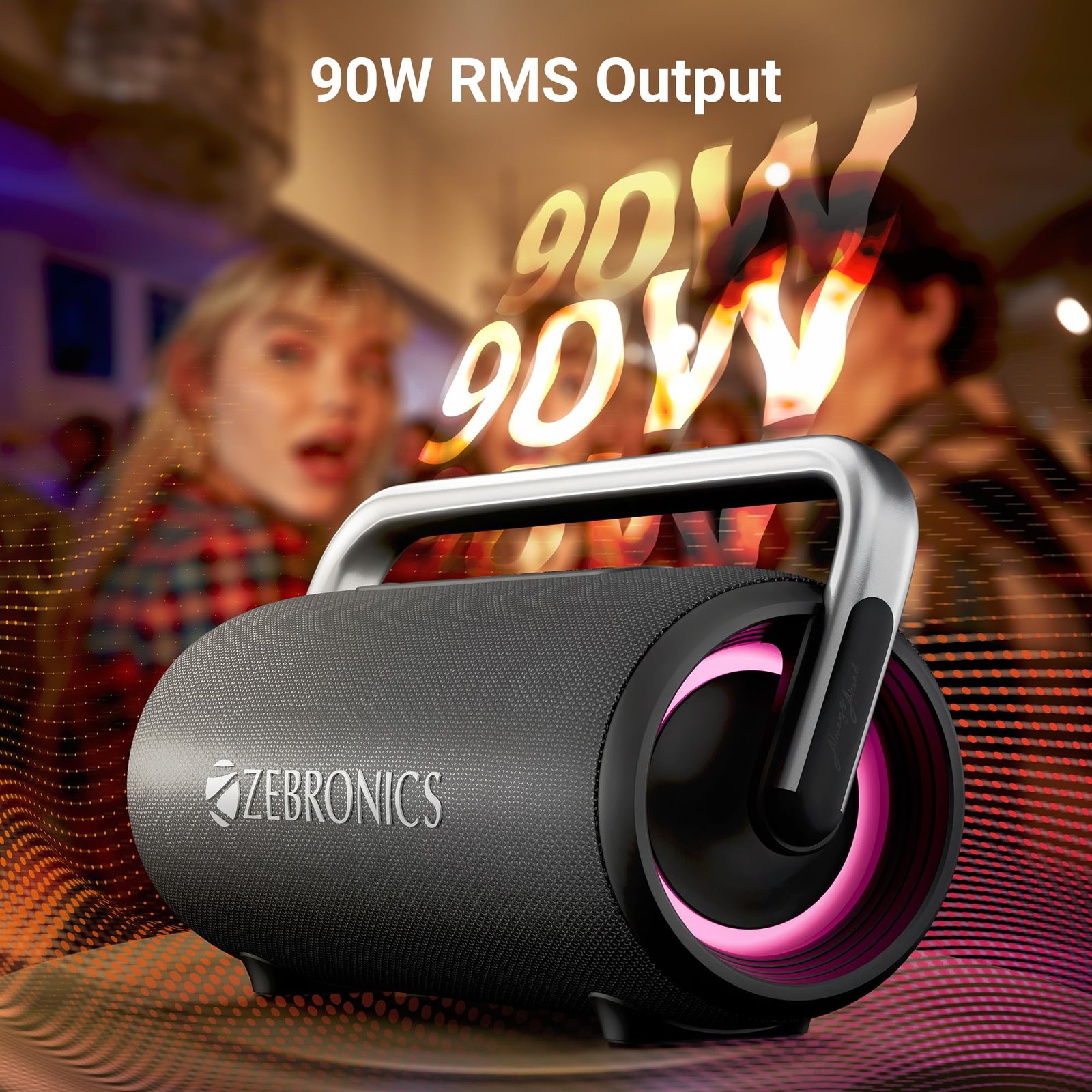 ZEBRONICS AXON 100 Portable Party Bluetooth Speaker, 90W RMS, Quad Drivers + Dual Passive Radiators, IPX5, Upto 6 Hours Playback, Rapid Charging, BT | USB | AUX | TWS, Fabric Finish, RGB, Deep Bass - Image 4