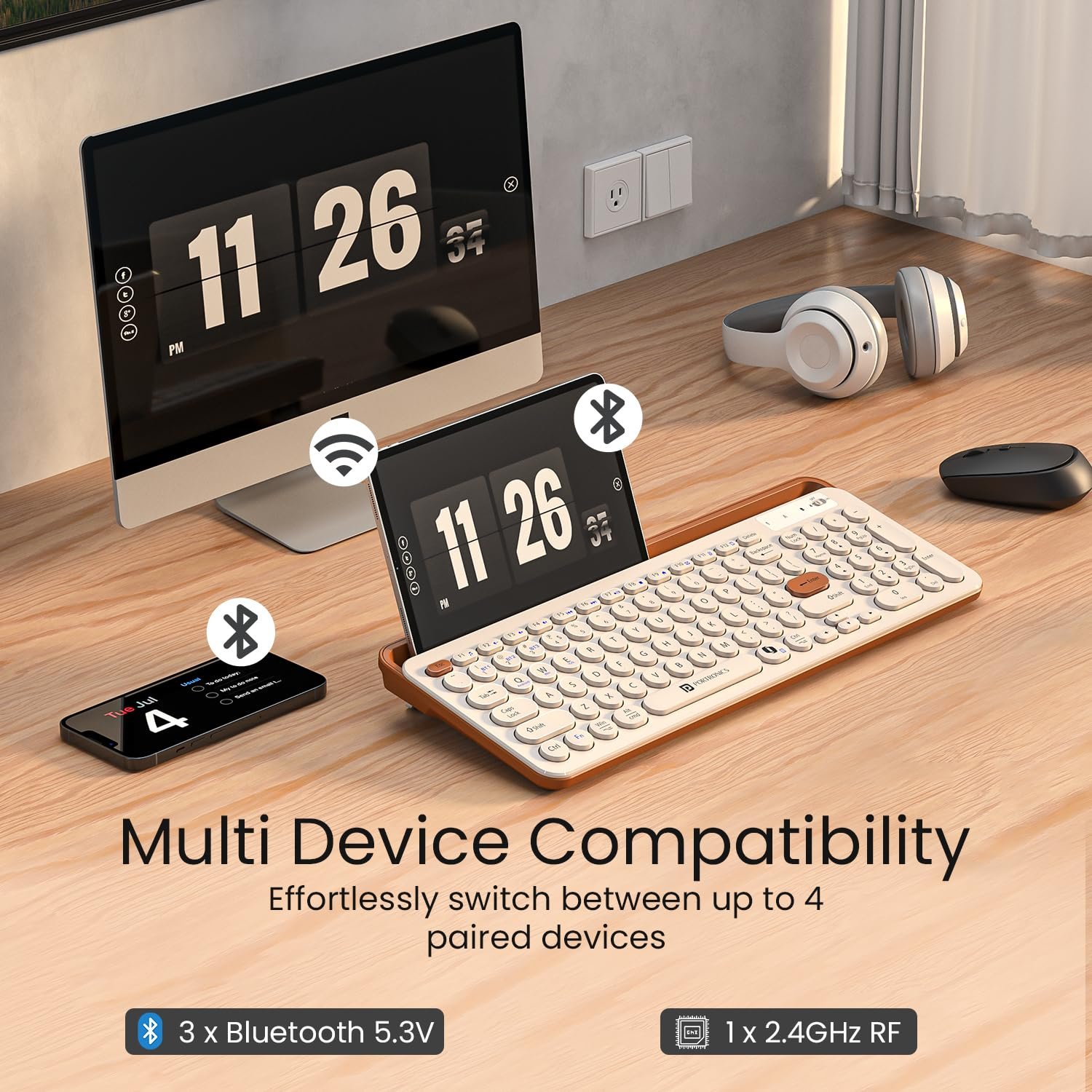 Portronics Bubble 3.0 Wireless Keyboard with Bluetooth + 2.4 GHz USB Receiver, Rechargeable Battery, Dual Height Adjustment, Multimedia Hotkeys with Numpad, for Laptop, PC, Smartphone, Tablet(Beige) - Image 3