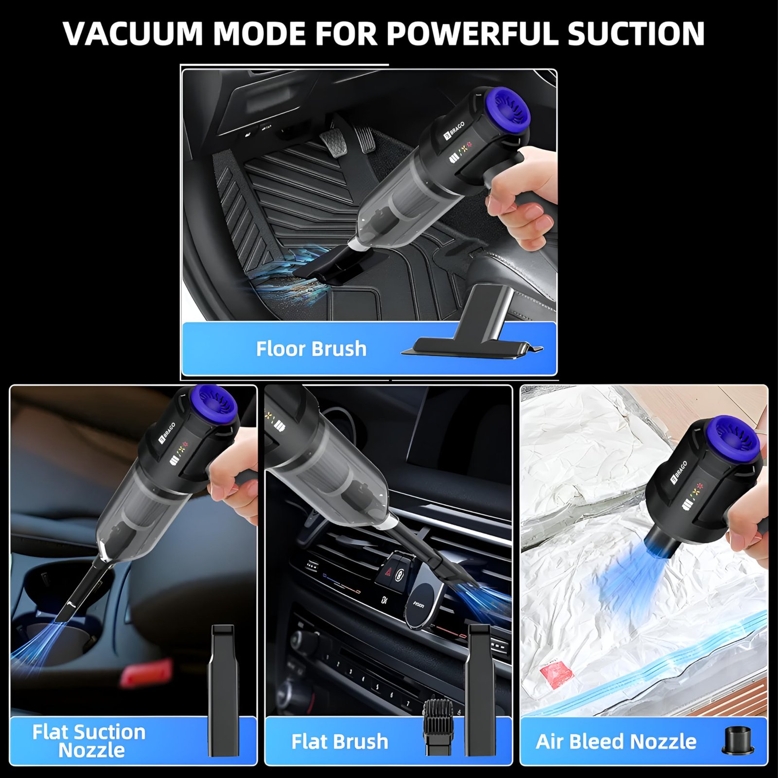 Brago TurboVac Cordless Vacuum Cleaner for Car & Home, 18500Pa Powerful Suction, 4-in-1 Portable Vacuum & Air Blower, 9600mAh Battery (40 Mins Runtime), 3-Speed BLDC Motor - Image 7
